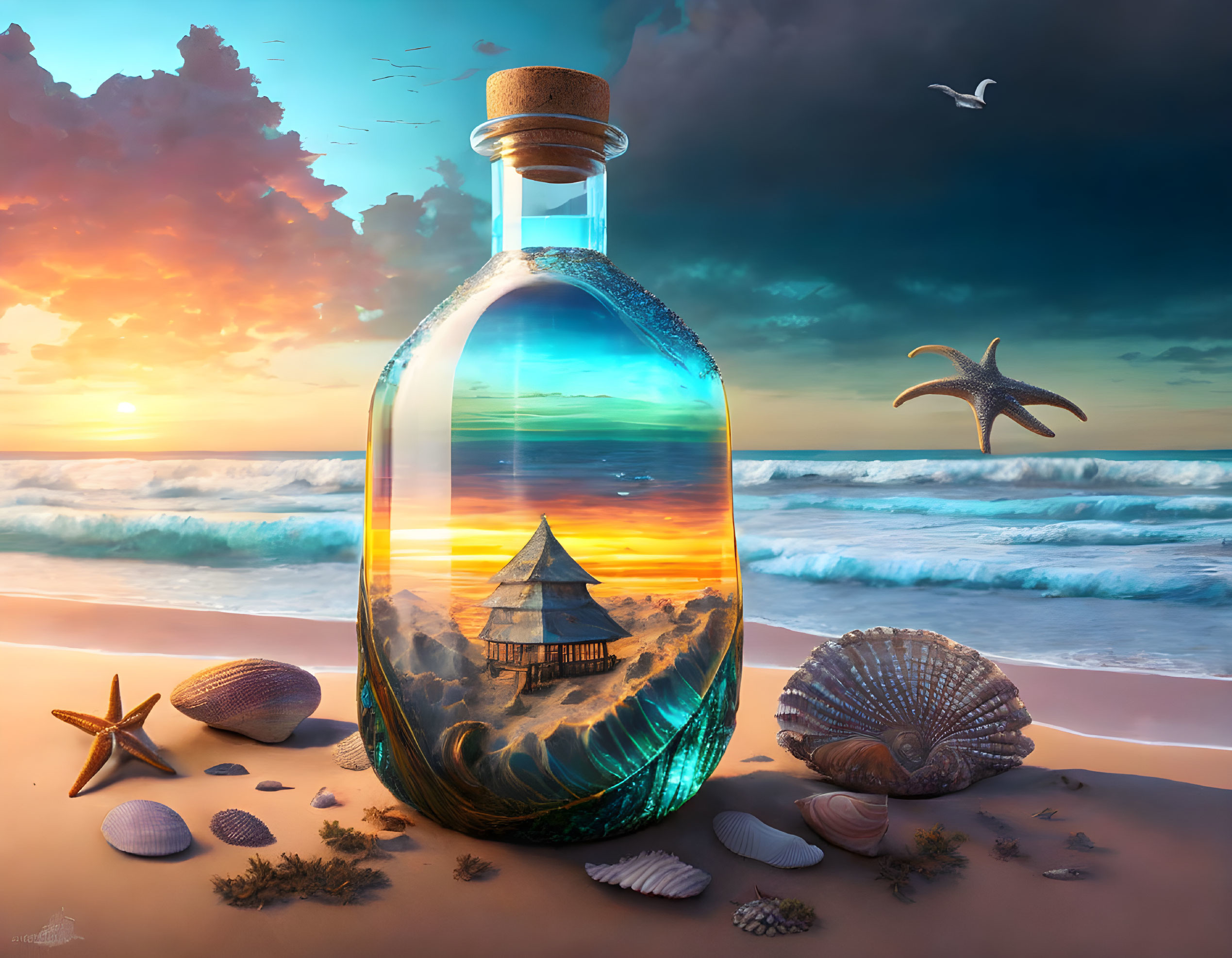 Surreal ocean sunset scene in a large bottle with beach hut and seashells