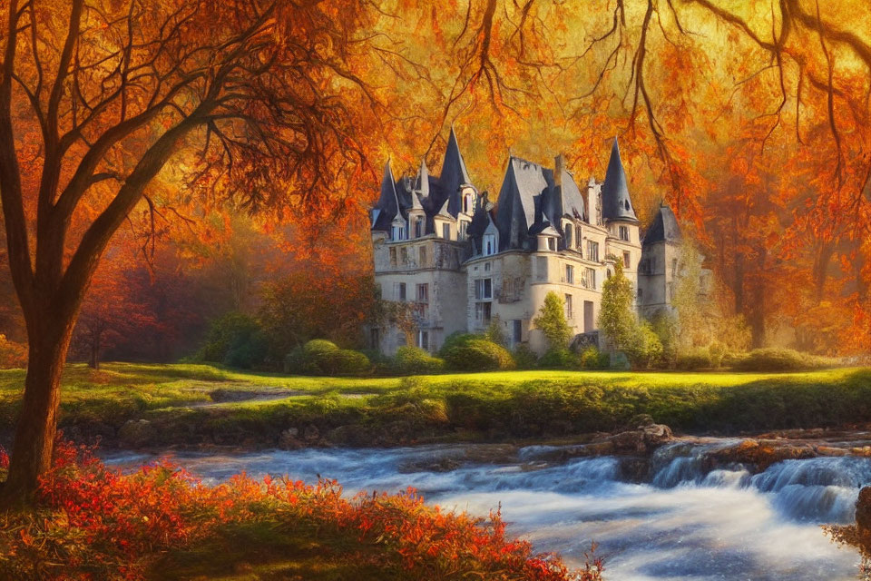 Majestic fairytale castle in vibrant autumn forest