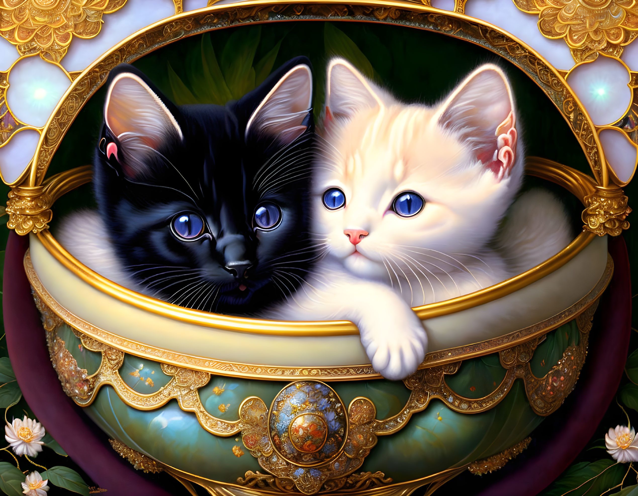 Adorable black and white kittens in ornate bowl with floral motifs