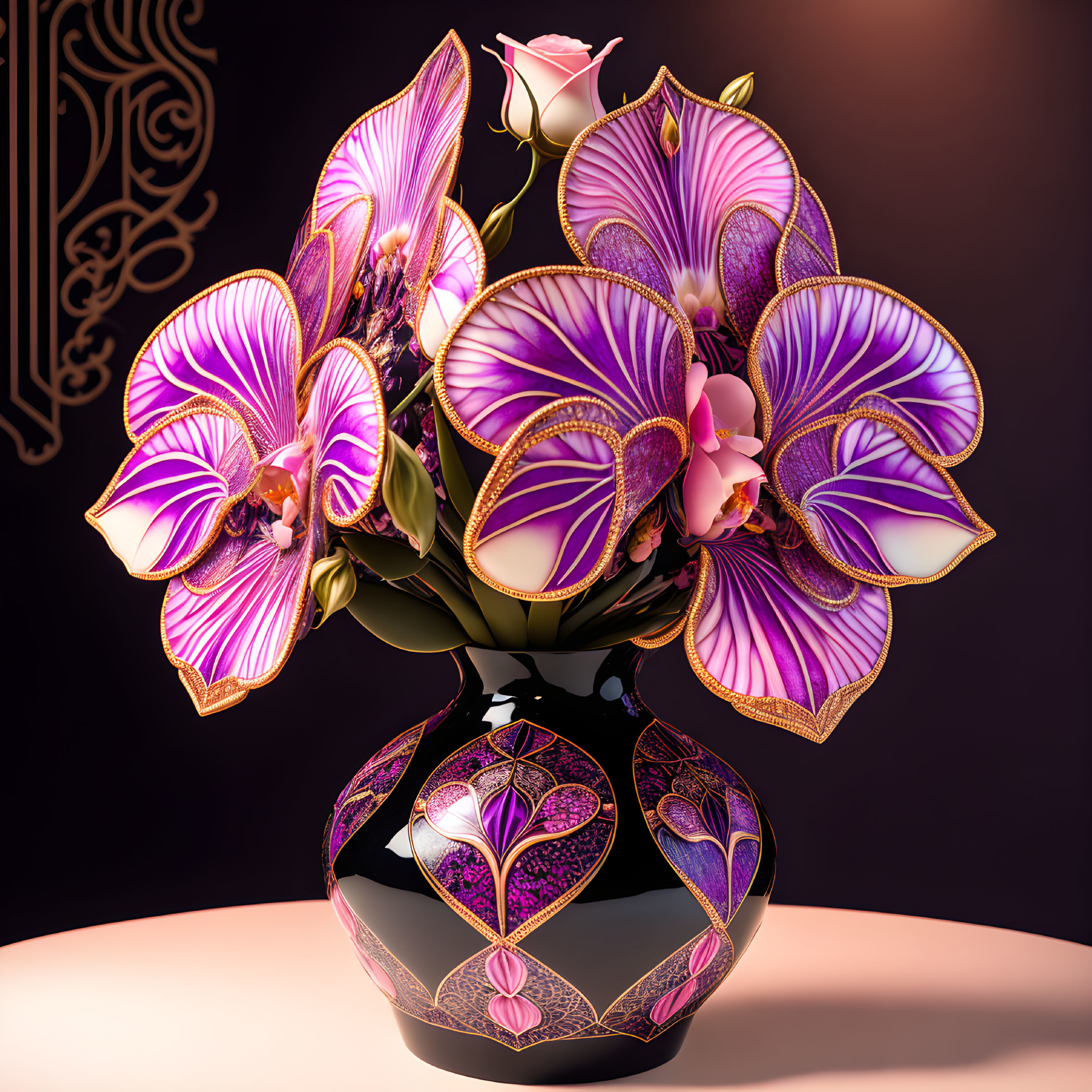 Black vase with gold and pink patterns, vibrant orchids on dark background