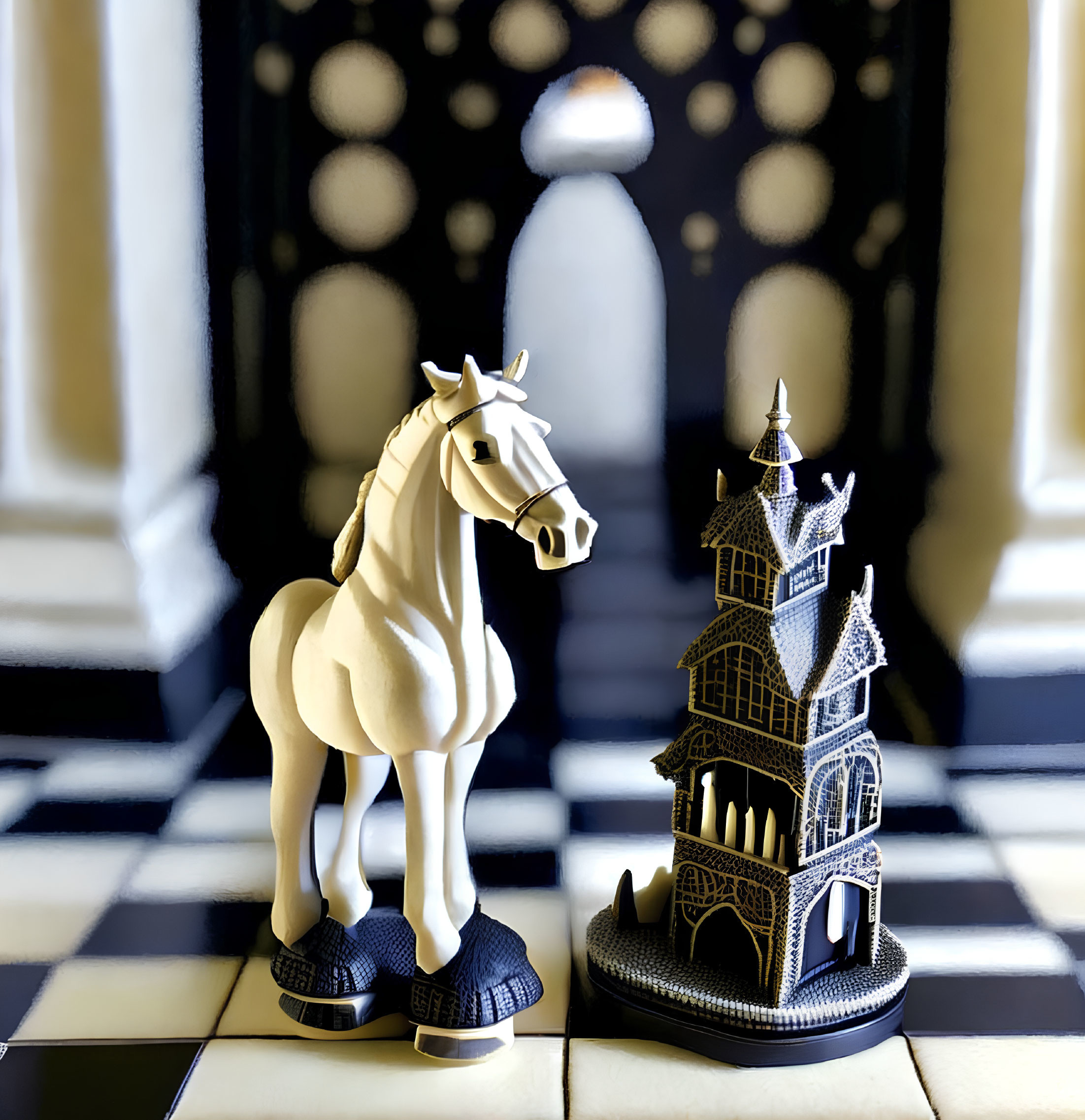 Chess knight and castle on checkered surface with bokeh background