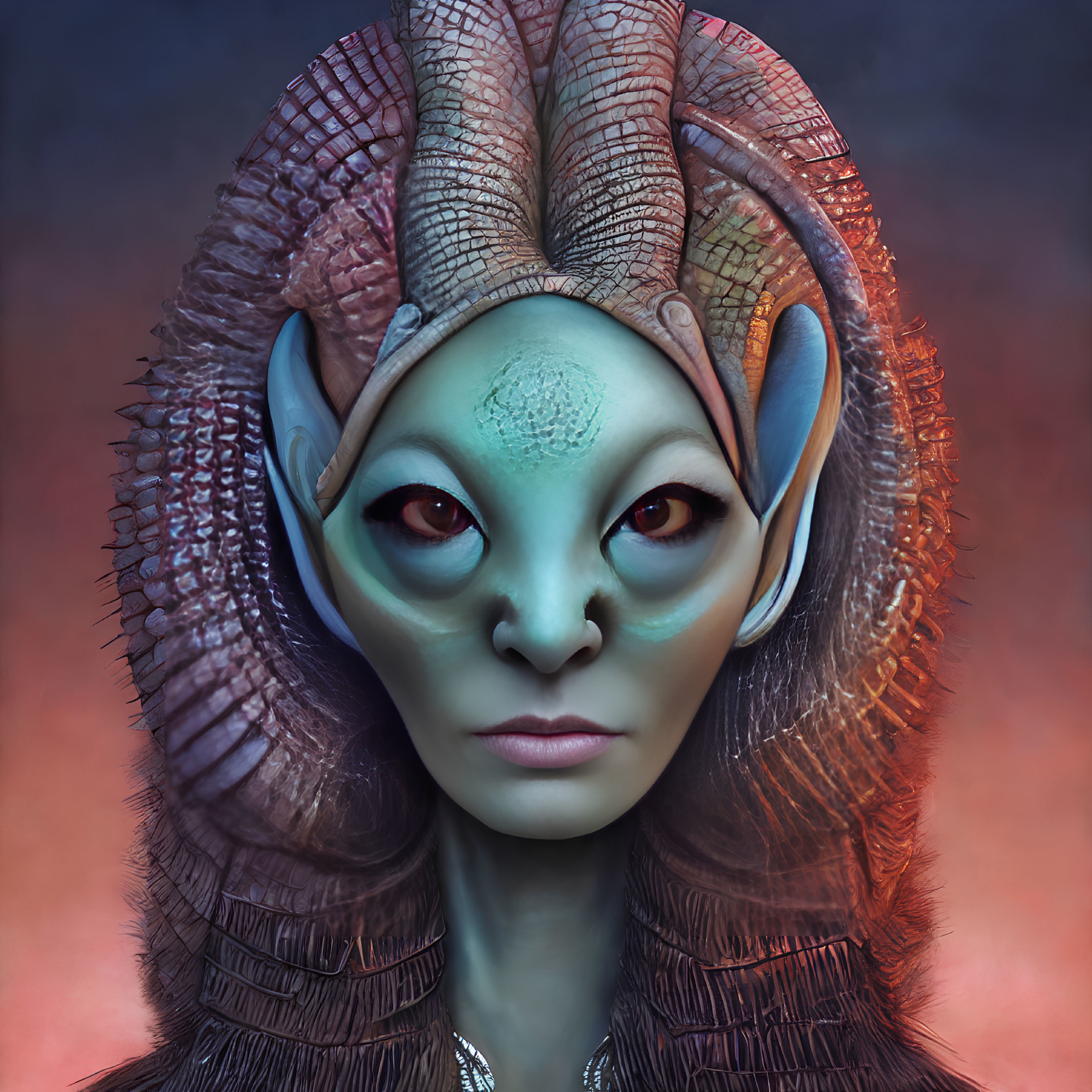 Alien portrait with almond-shaped eyes, crest headpiece, textured skin in blue and red hues