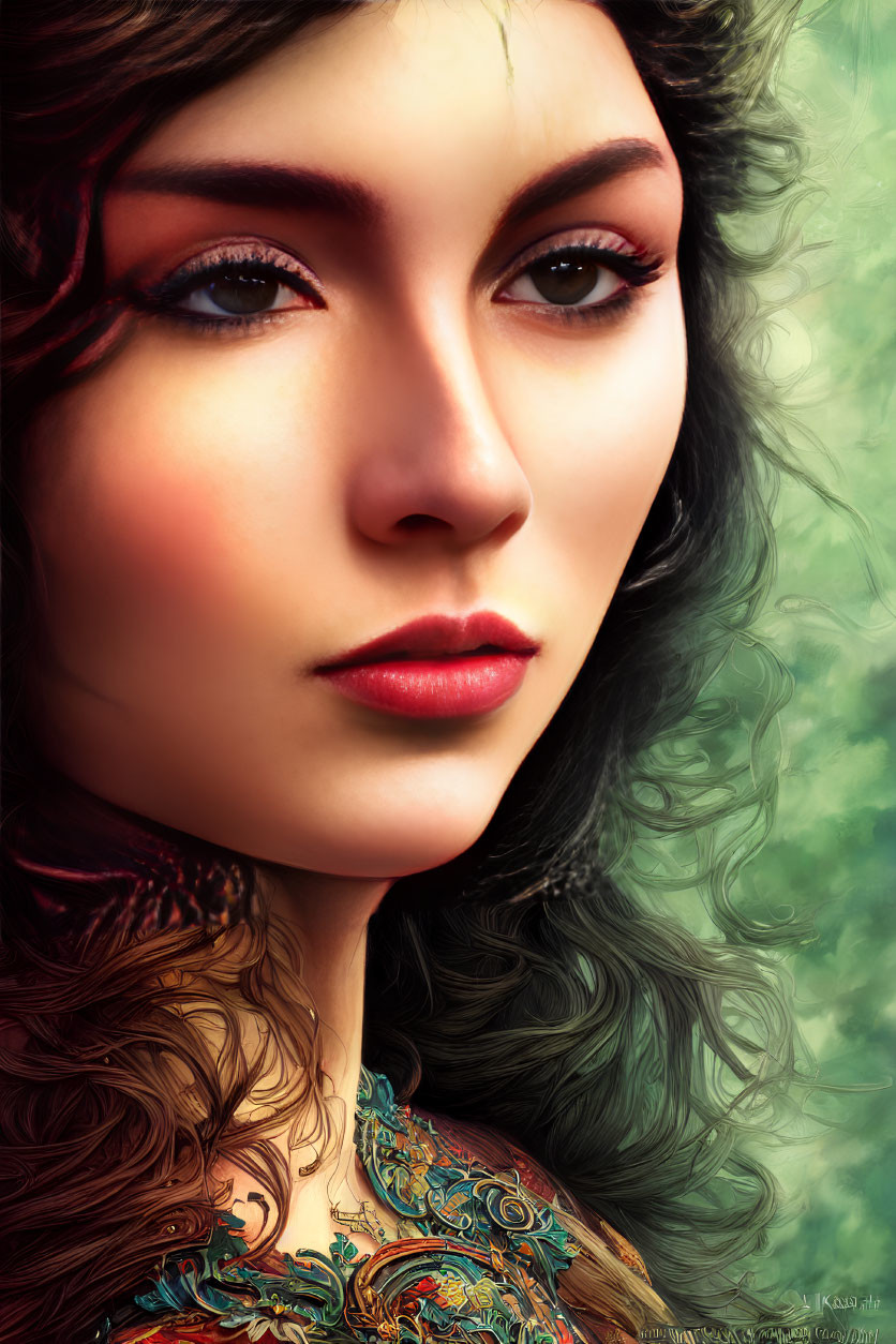 Detailed digital portrait of woman with dark curly hair and intense brown eyes on abstract green backdrop