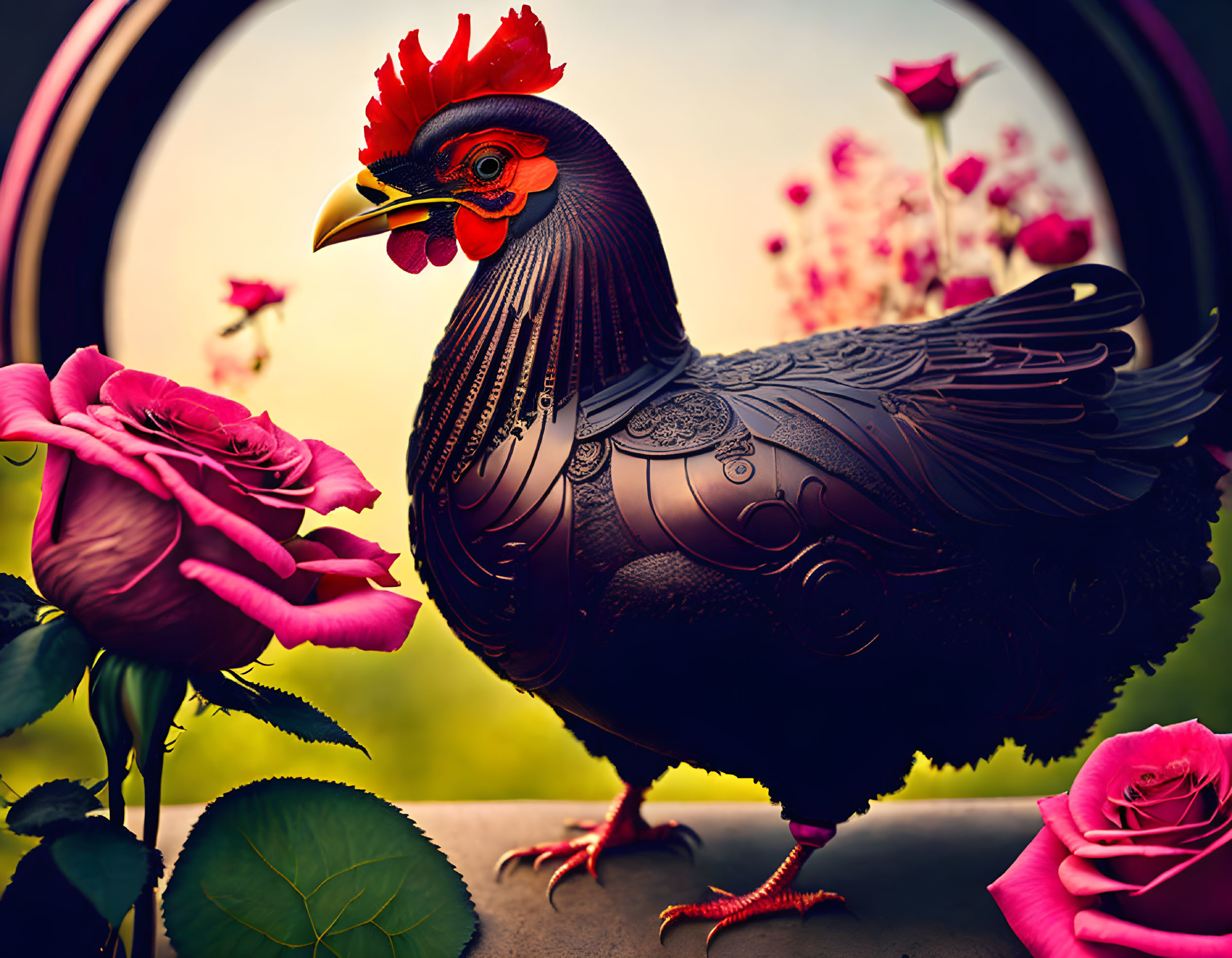 Ornate black rooster with red comb among pink roses in digital artwork