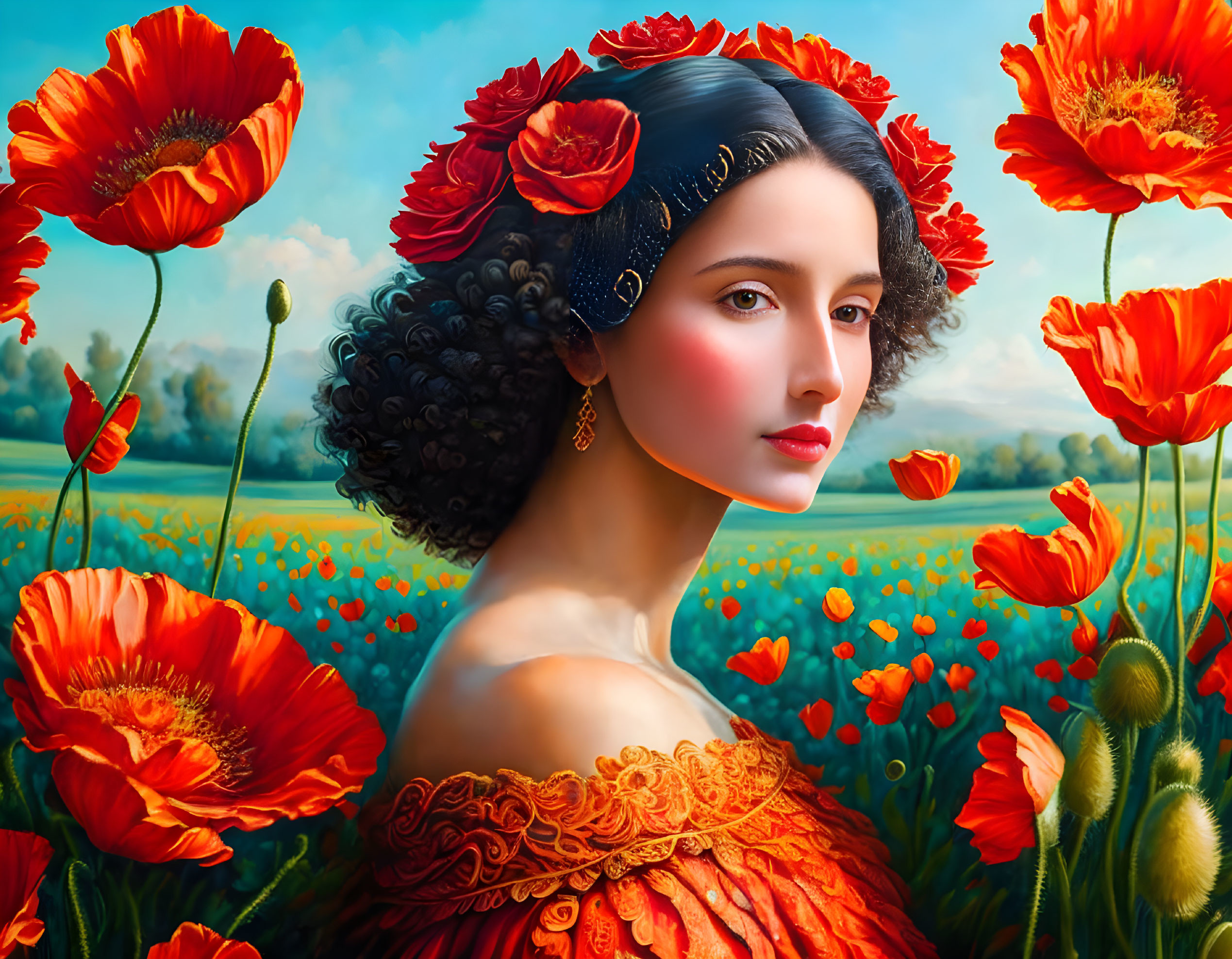 Beautiful lady in a field of poppies 