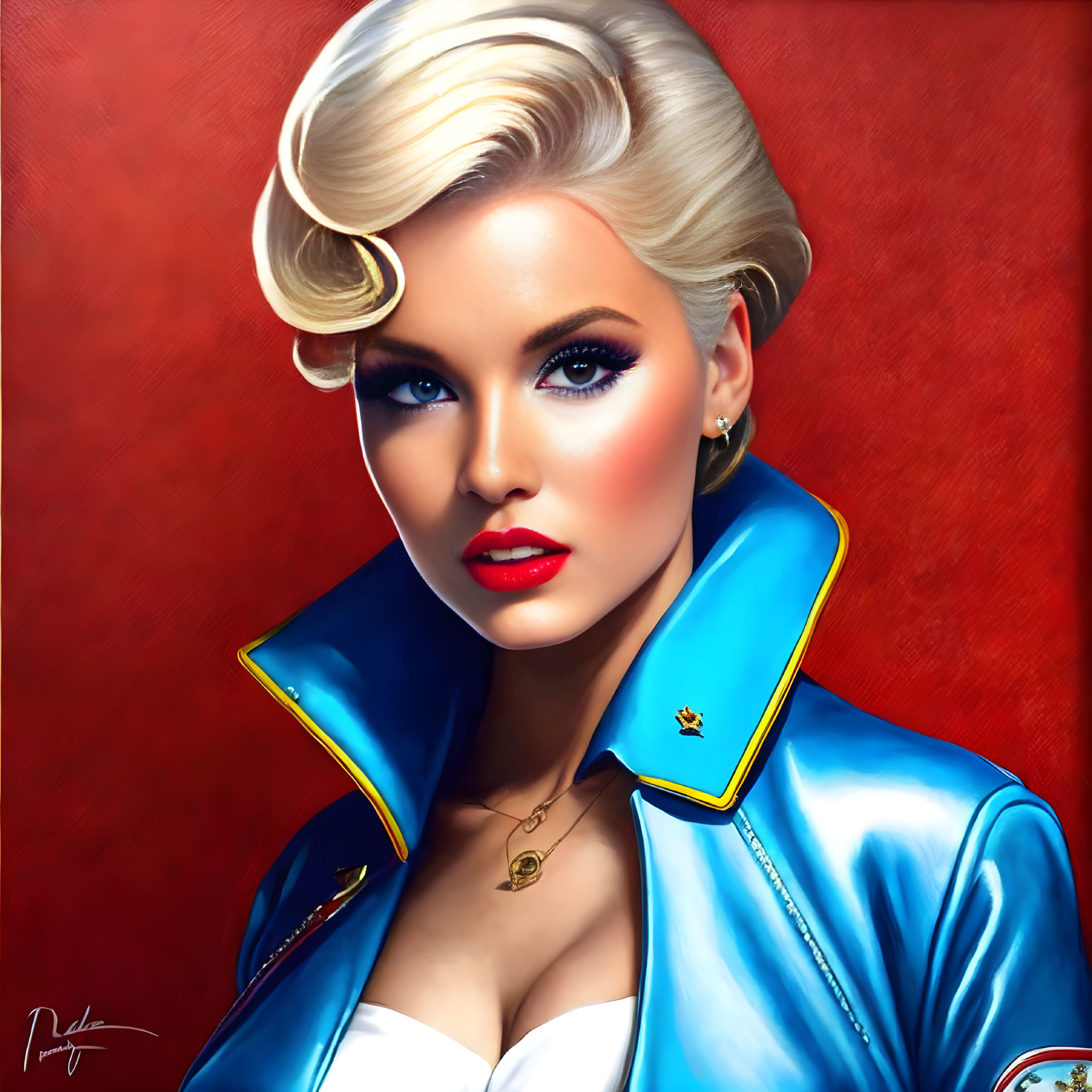Vibrant illustration: Woman with platinum blonde hair, bold makeup, blue collared jacket, and