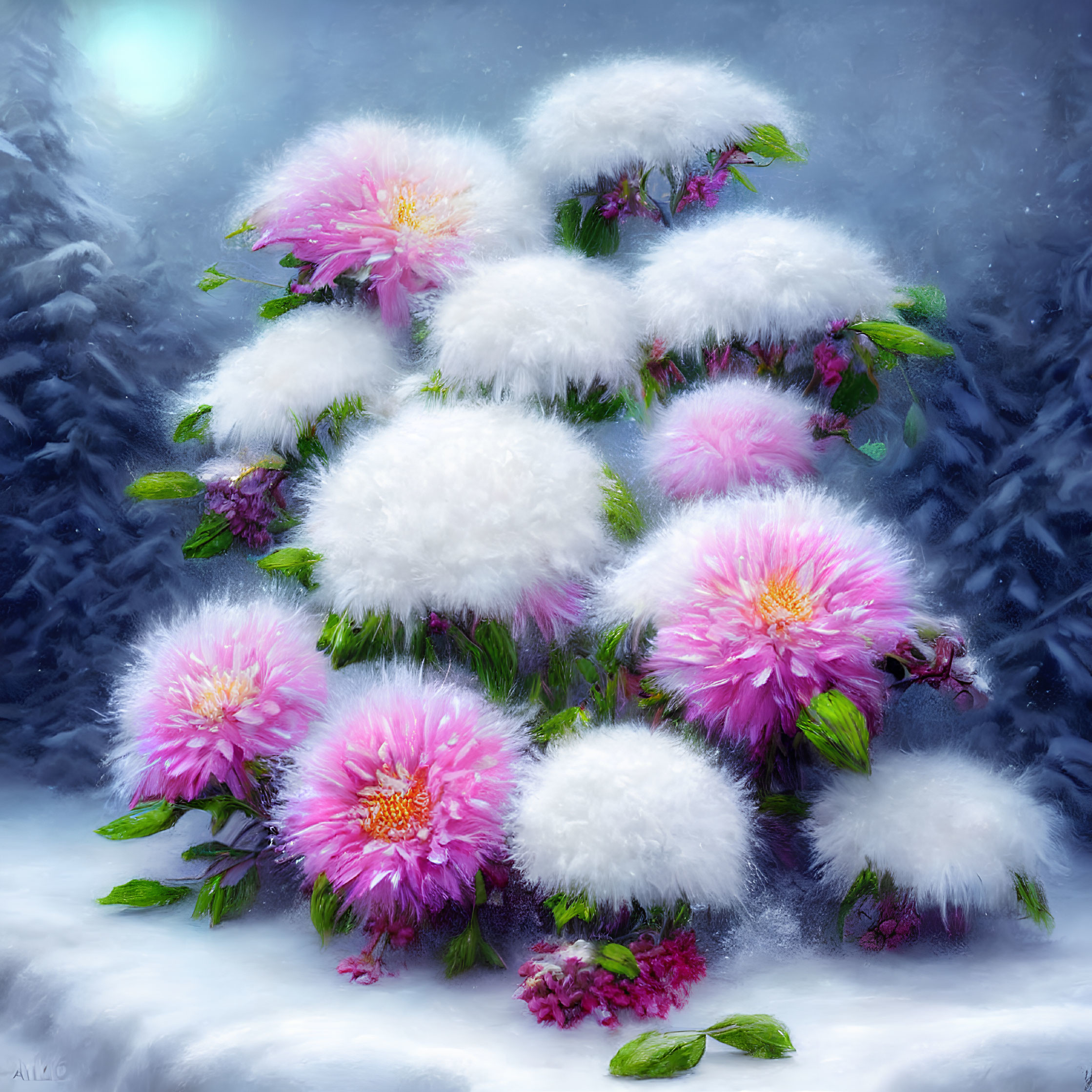 Pink flowers blooming in snowy winter scene