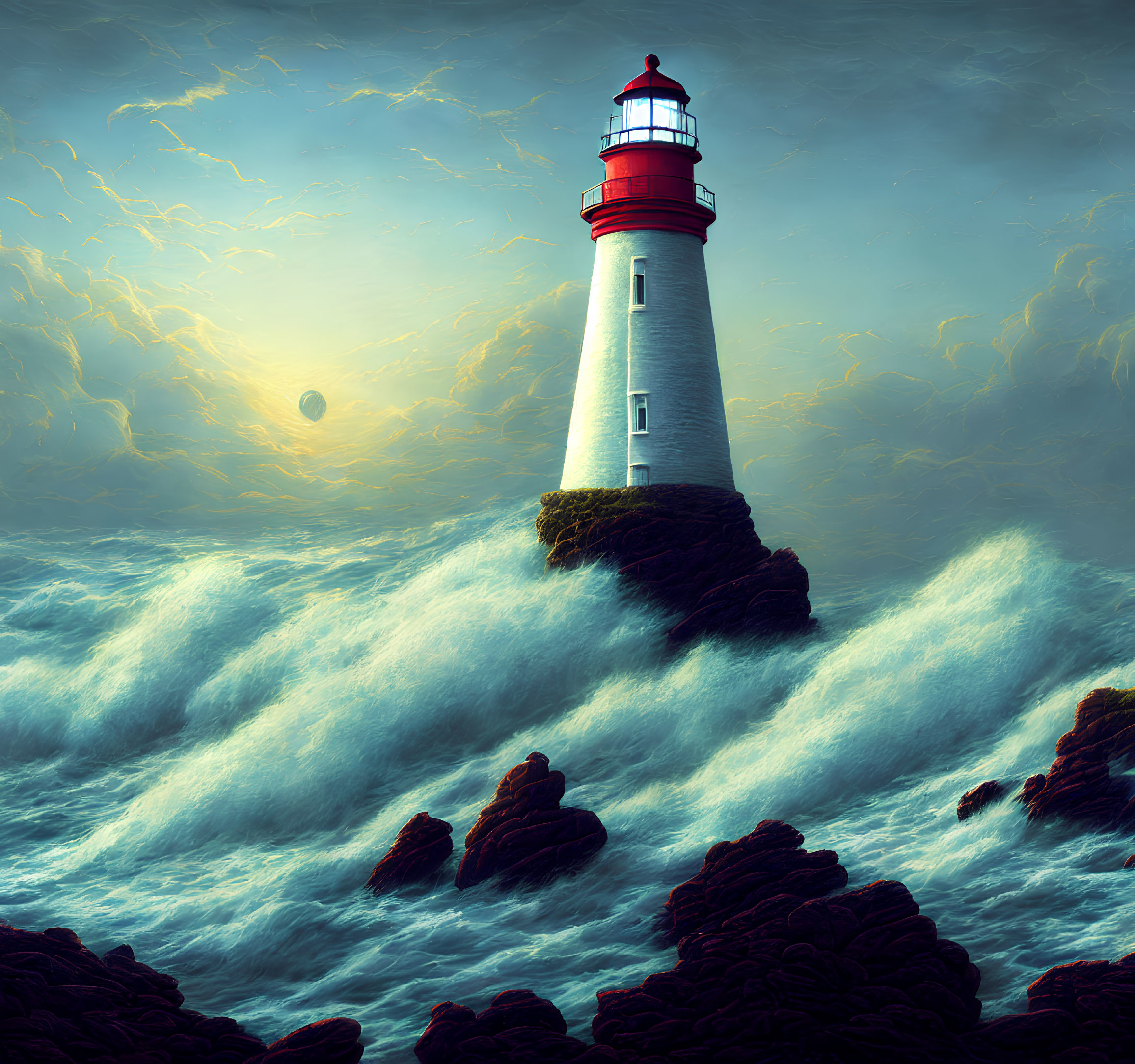Picturesque lighthouse on rugged cliff amid crashing waves and dramatic sky