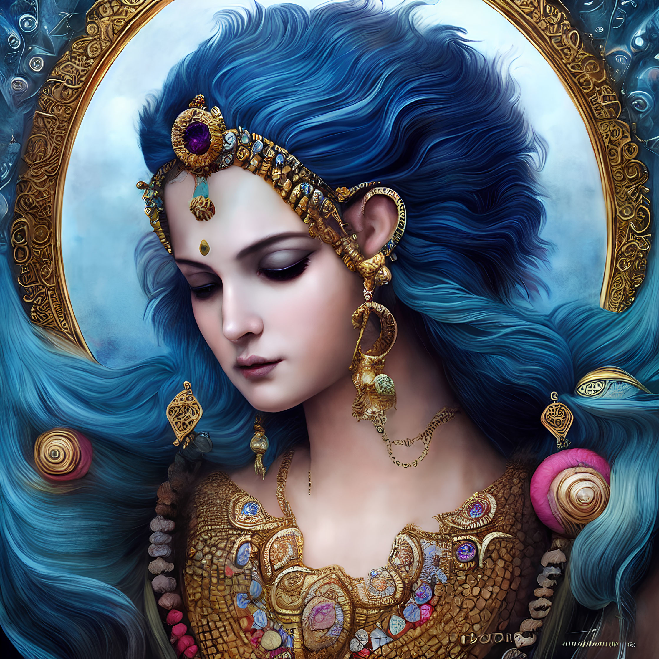 Woman with Blue Hair and Golden Jewelry on Blue Background