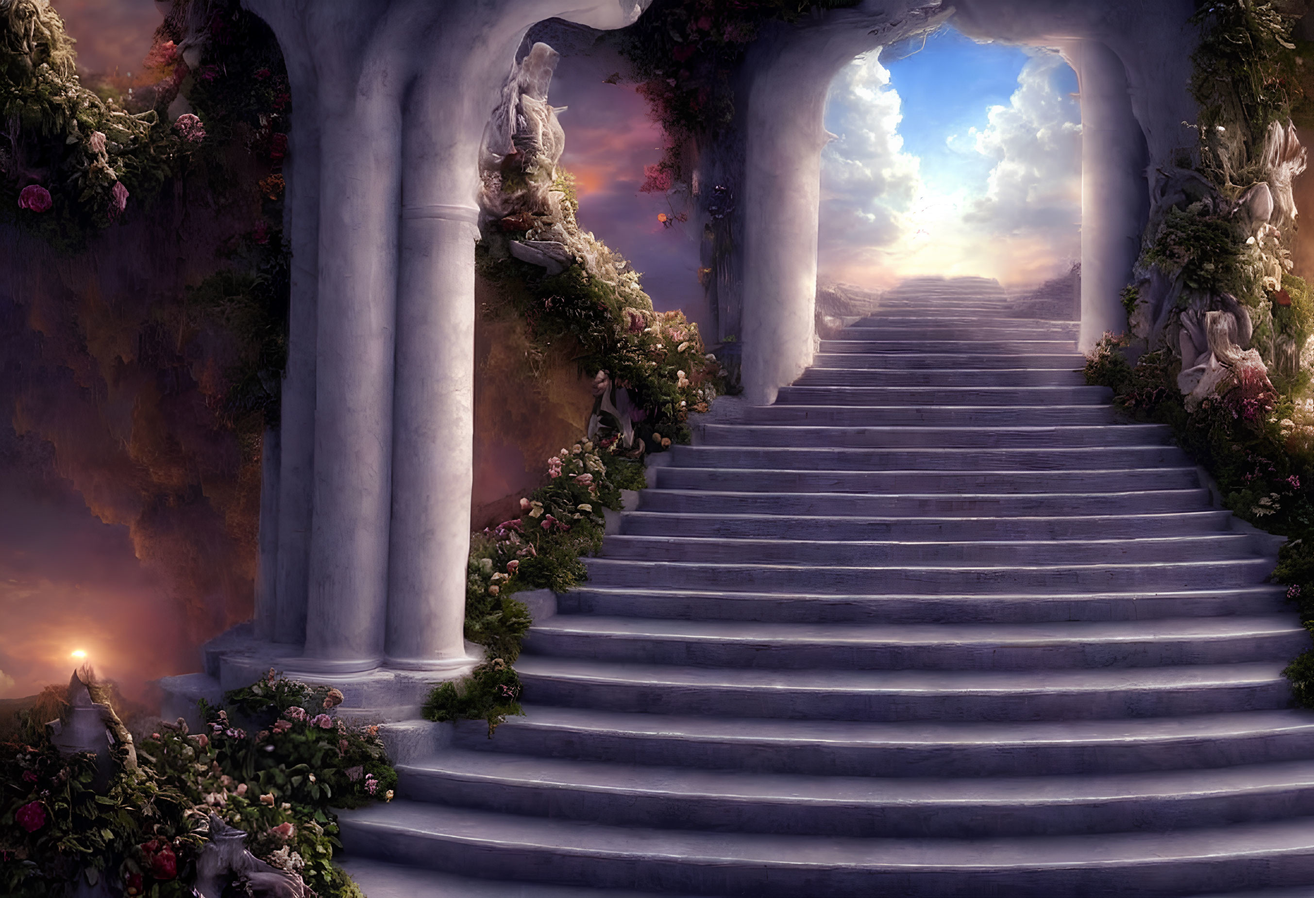Grand stairway with columns and statues under heavenly sky and blooming flowers