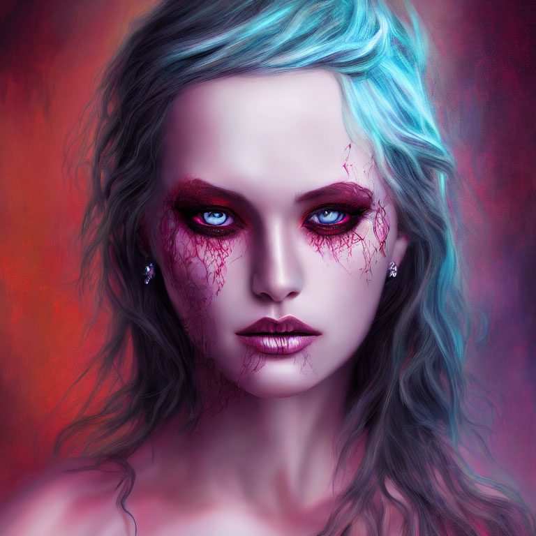 Illustrated portrait of woman with blue hair, red eyes, and dramatic makeup on red background