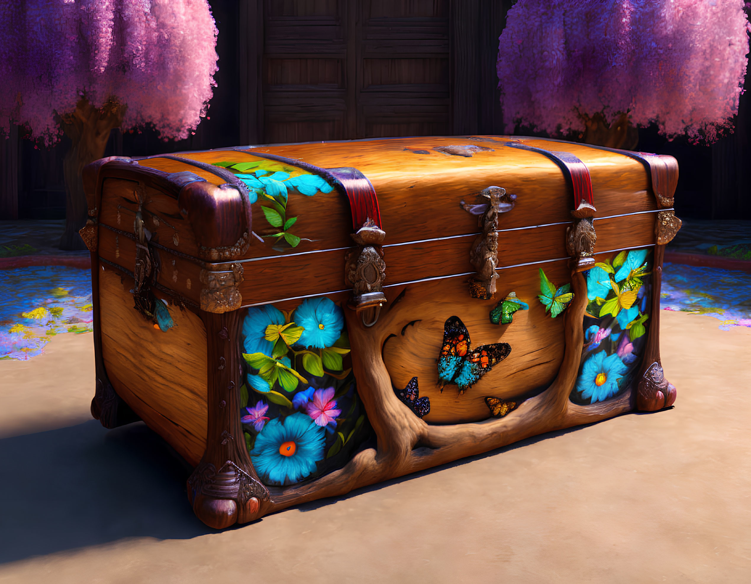 Vintage Wooden Chest with Flower and Butterfly Motifs under Purple Tree Canopy
