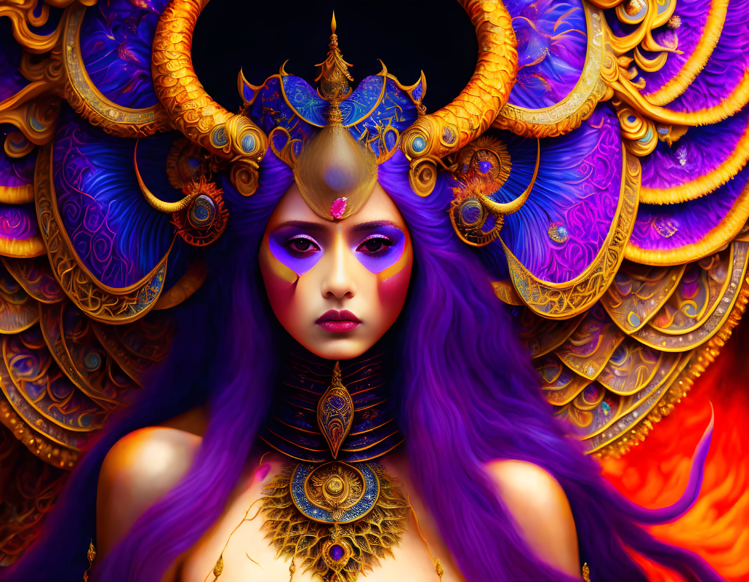 Colorful Artwork of Woman with Purple Skin and Golden Accessories