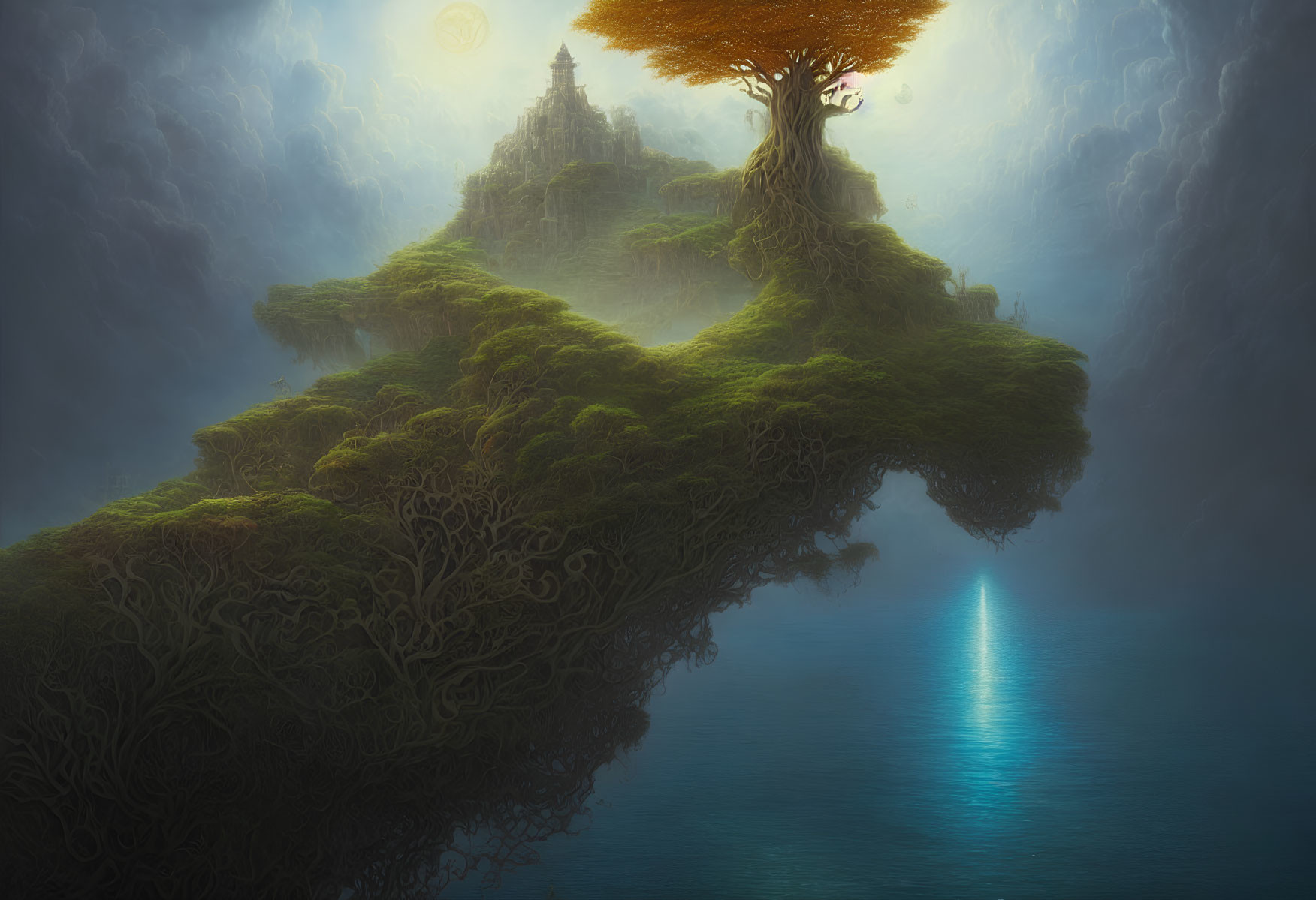 Lush greenery, ancient temple, fiery tree on floating island