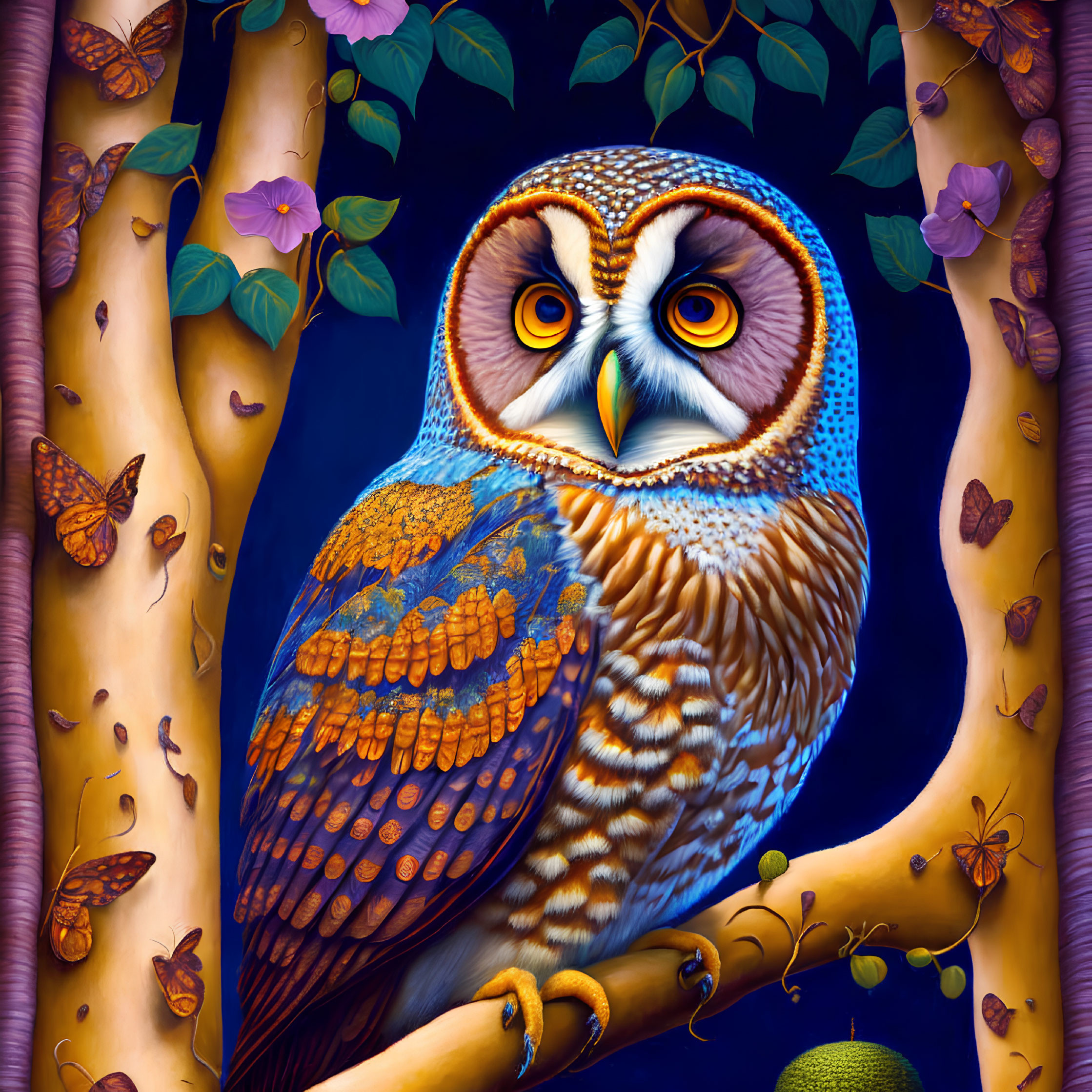 Colorful Owl Perched on Branch with Butterflies and Foliage on Blue Background