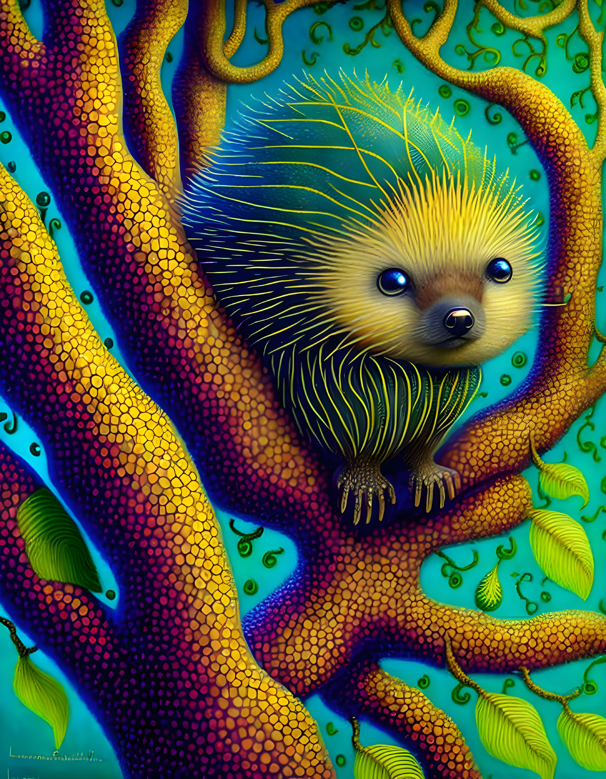 Colorful Hedgehog with Glowing Quills in Nature Scene