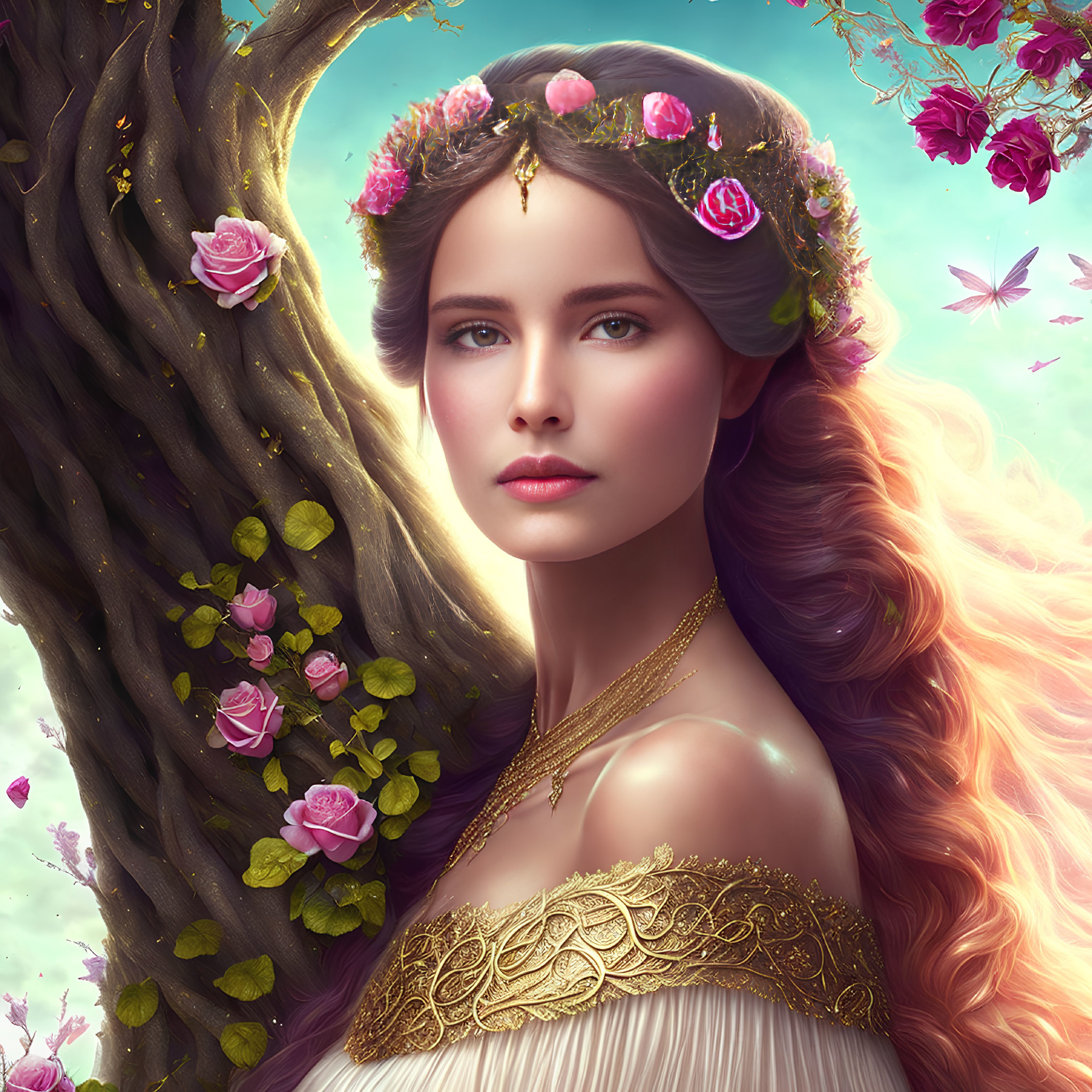Woman with floral crown and butterflies in fantasy setting.