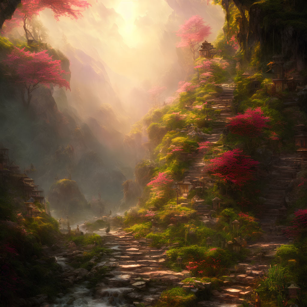 Ethereal landscape with stone staircase, greenery, blossoming trees, lanterns, and mist
