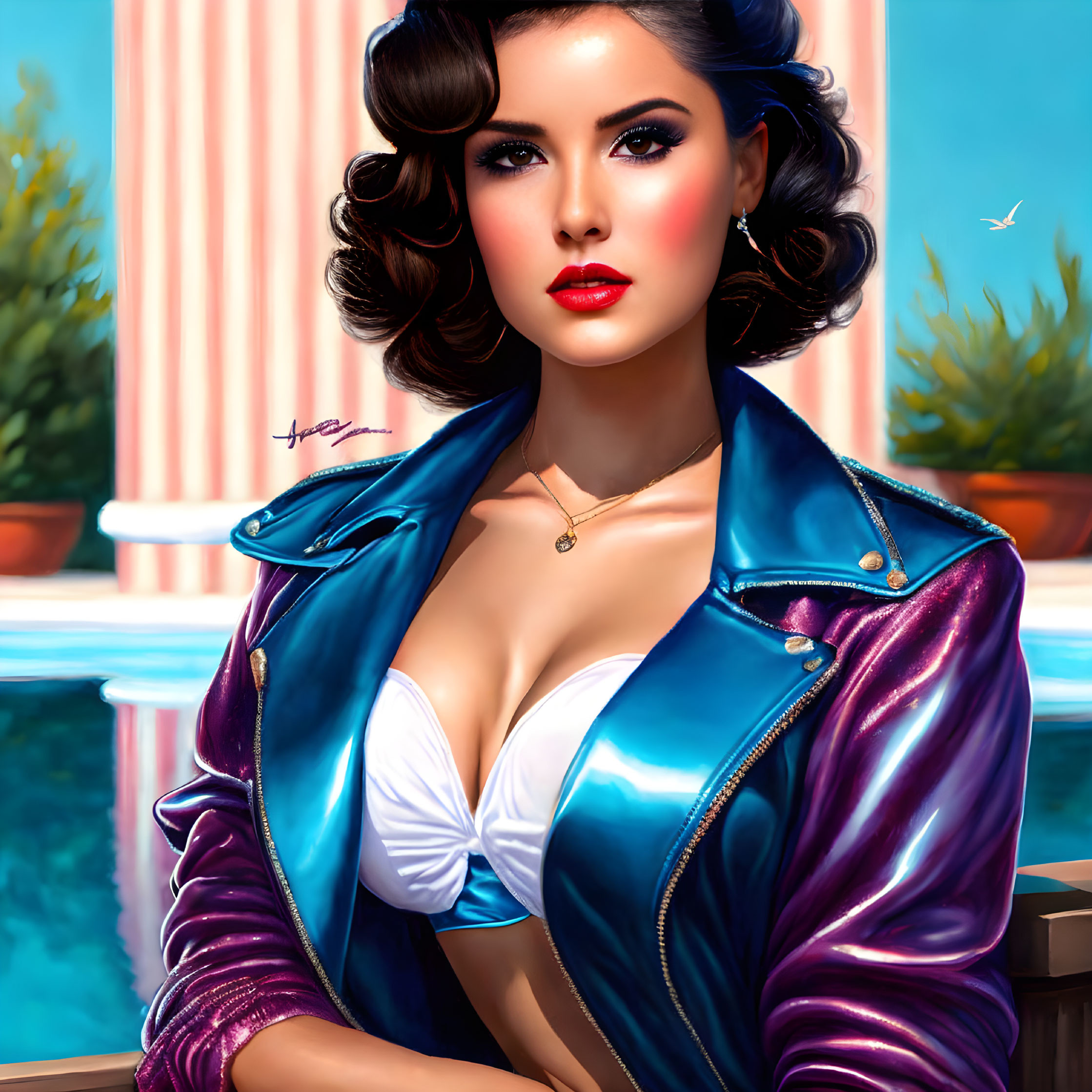 Pinup, sweet girl in an open classic jacket