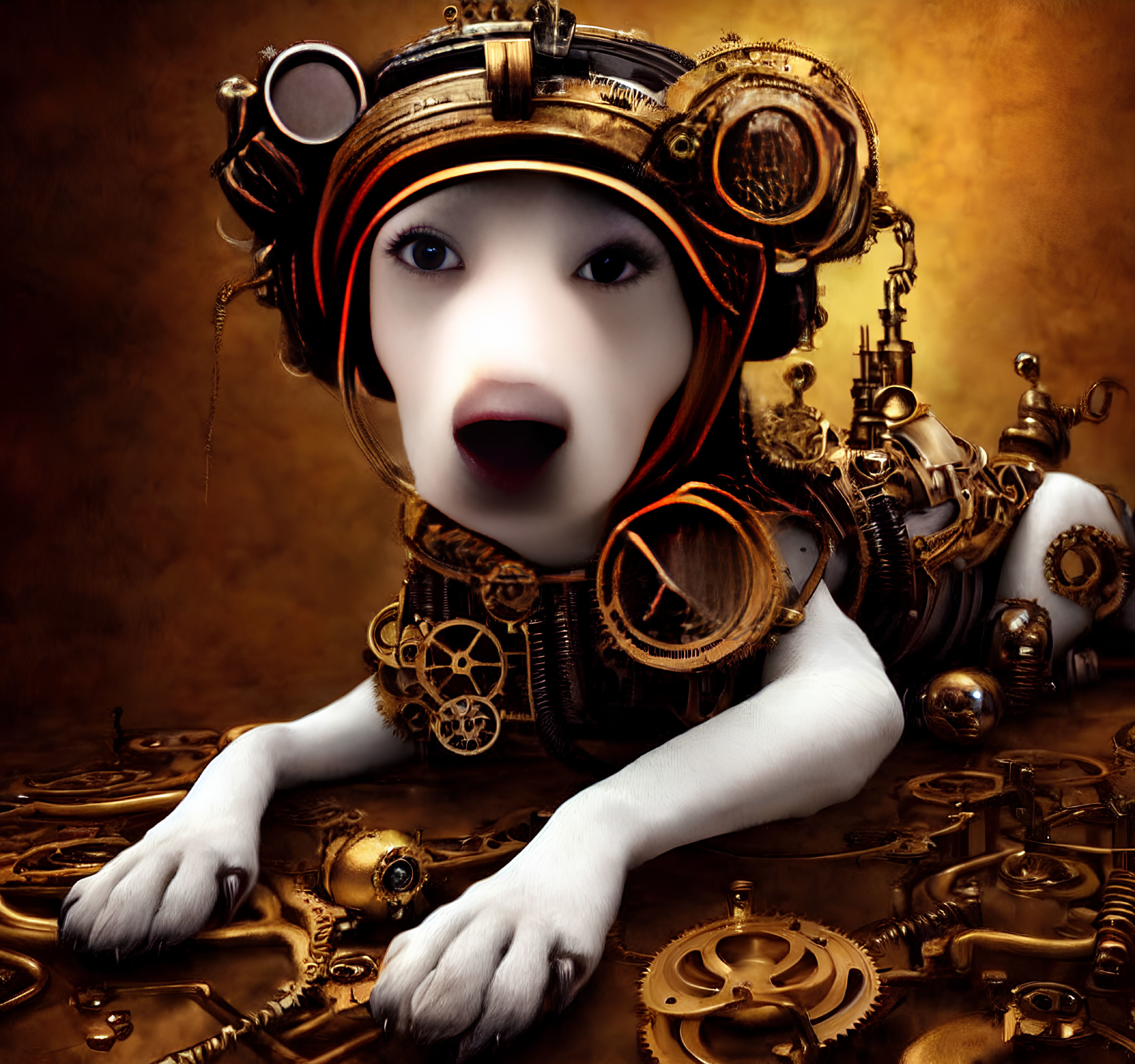 Surreal steampunk artwork: human-like face, dog-like body, mechanical elements.