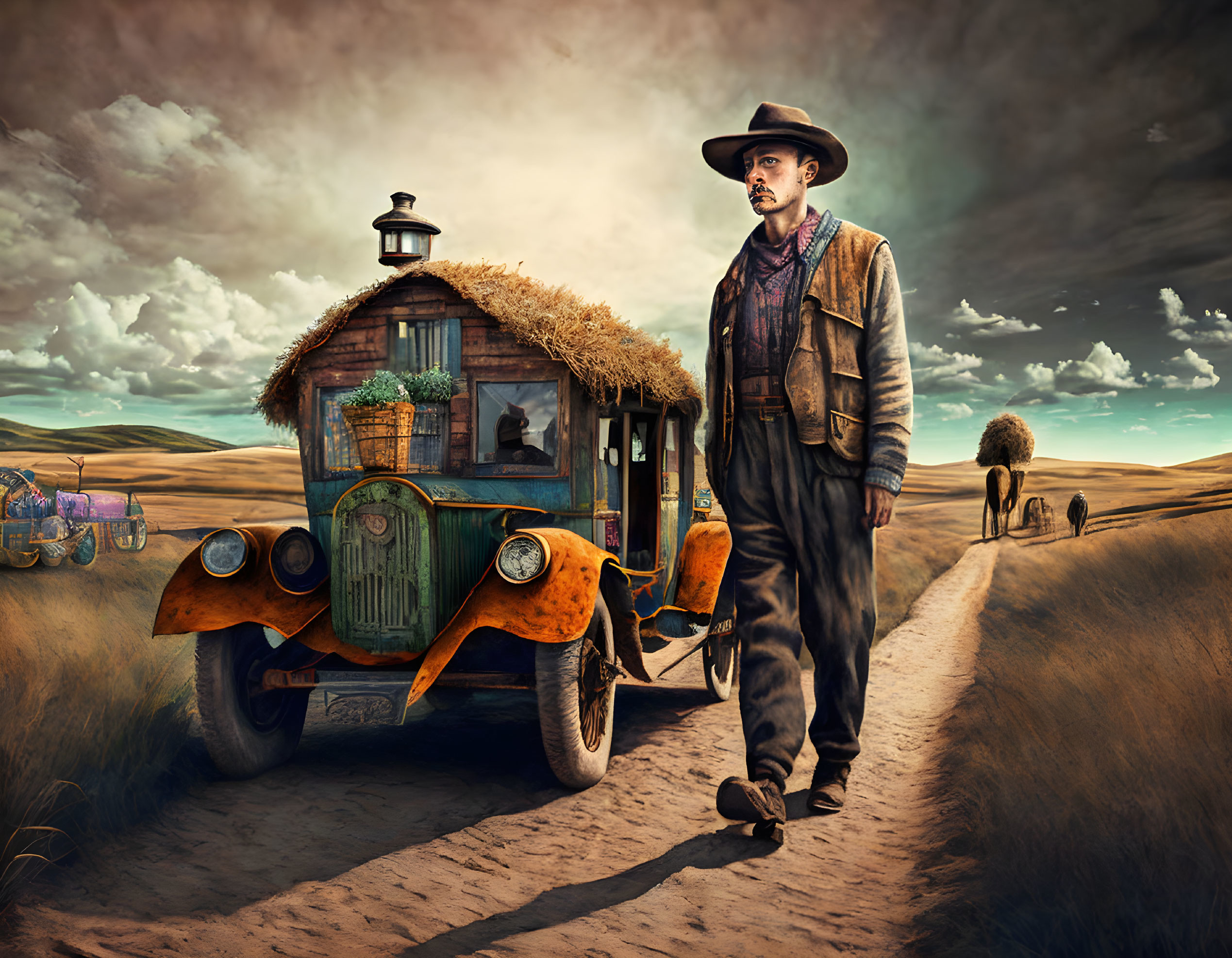 Man in hat and vest next to rustic car on rural dirt road with golden fields and cloudy sky