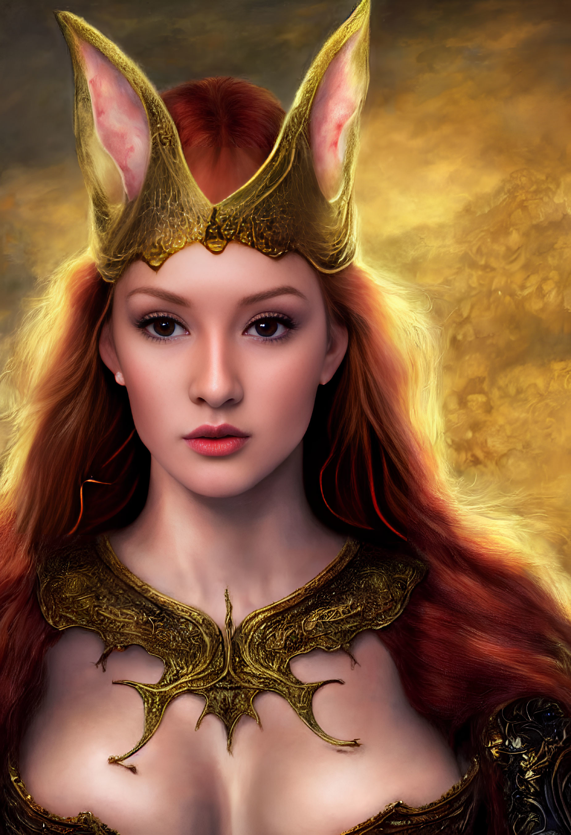 Digital artwork of a woman with red hair in ornate armor and golden crown against warm backdrop