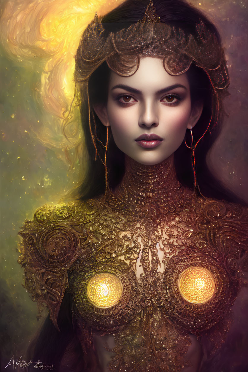 Illustrated woman in gold crown and ornate armor on warm-toned backdrop