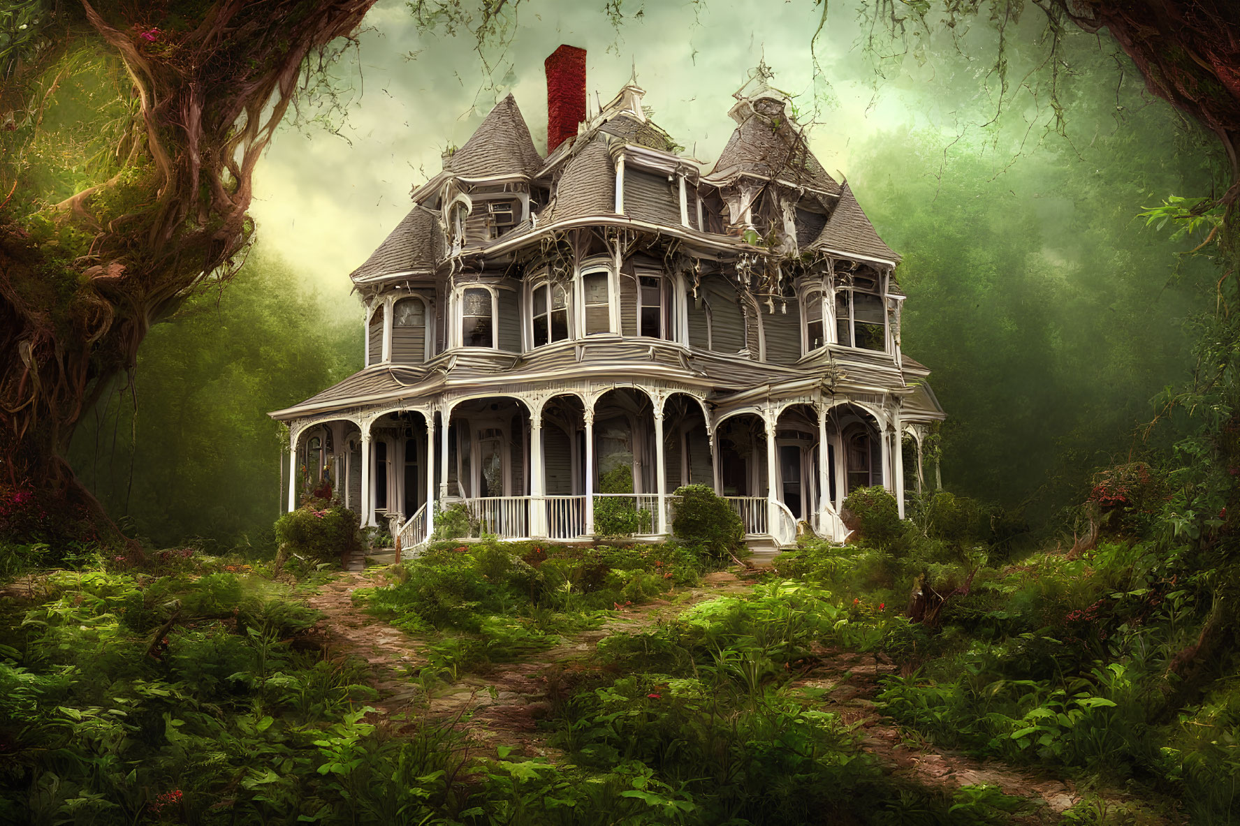 Eerie Victorian mansion in overgrown greenery and foggy backdrop