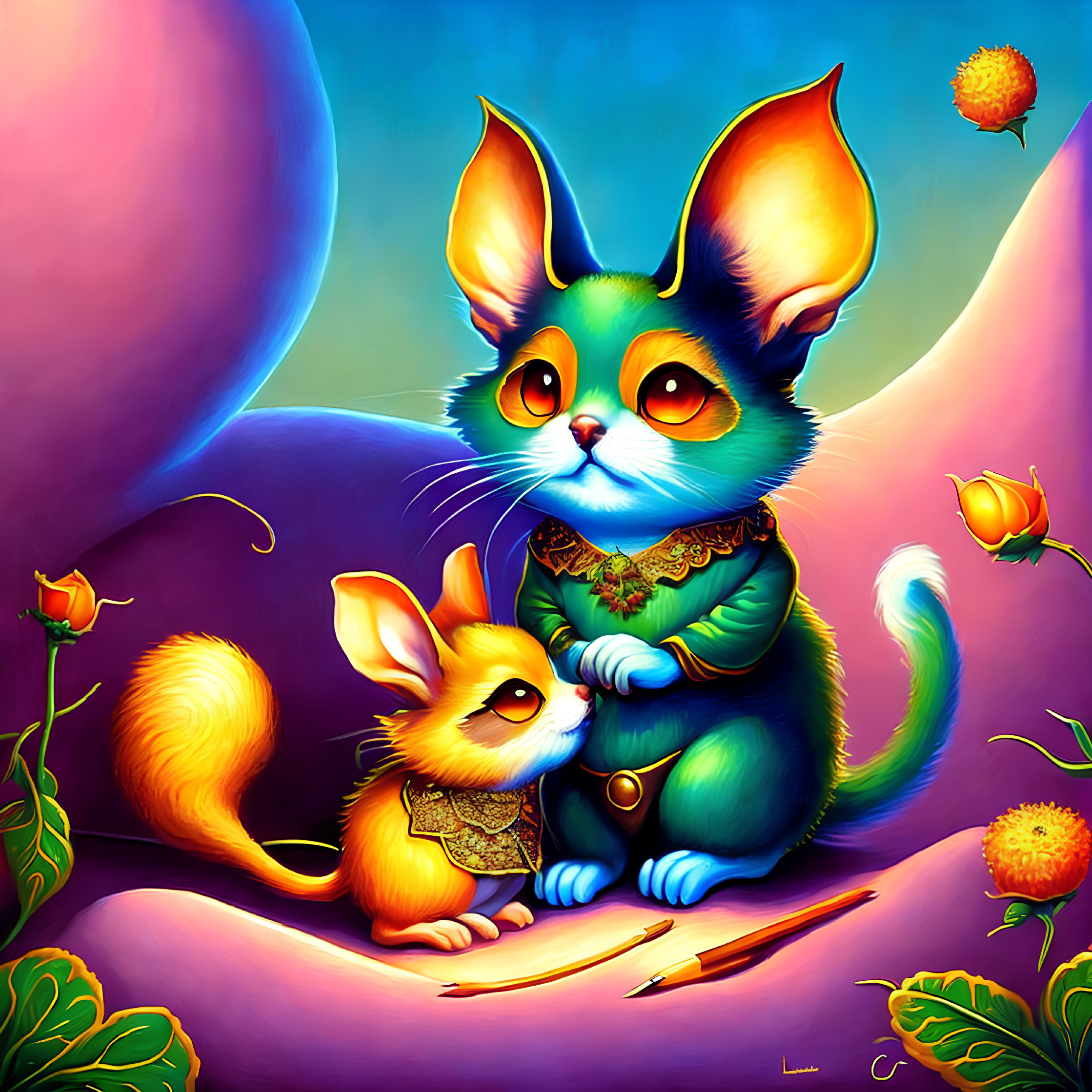 Colorful anthropomorphic cat and orange creature in whimsical setting