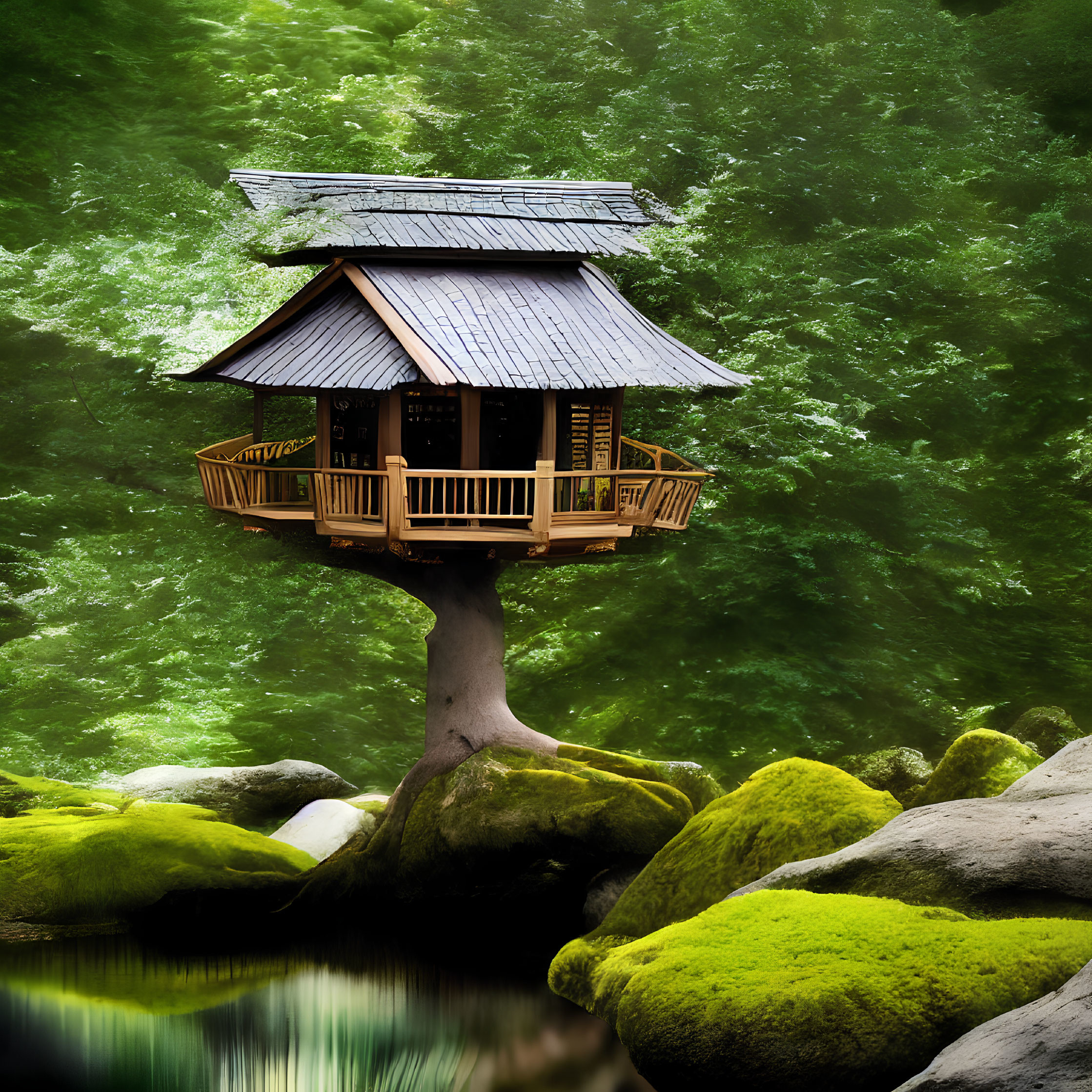 Tranquil treehouse in lush green setting