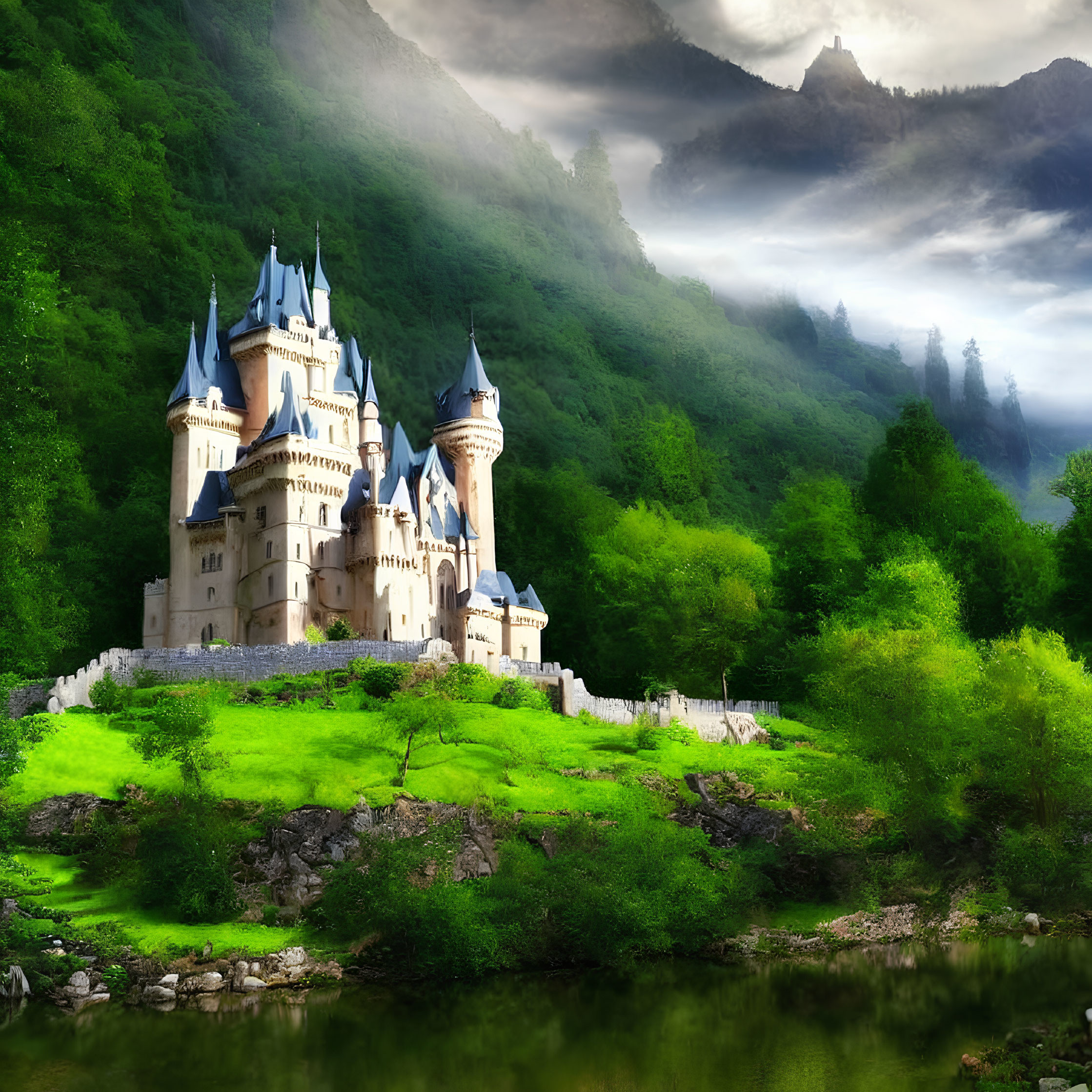 Majestic castle with spires in lush greenery and misty mountains