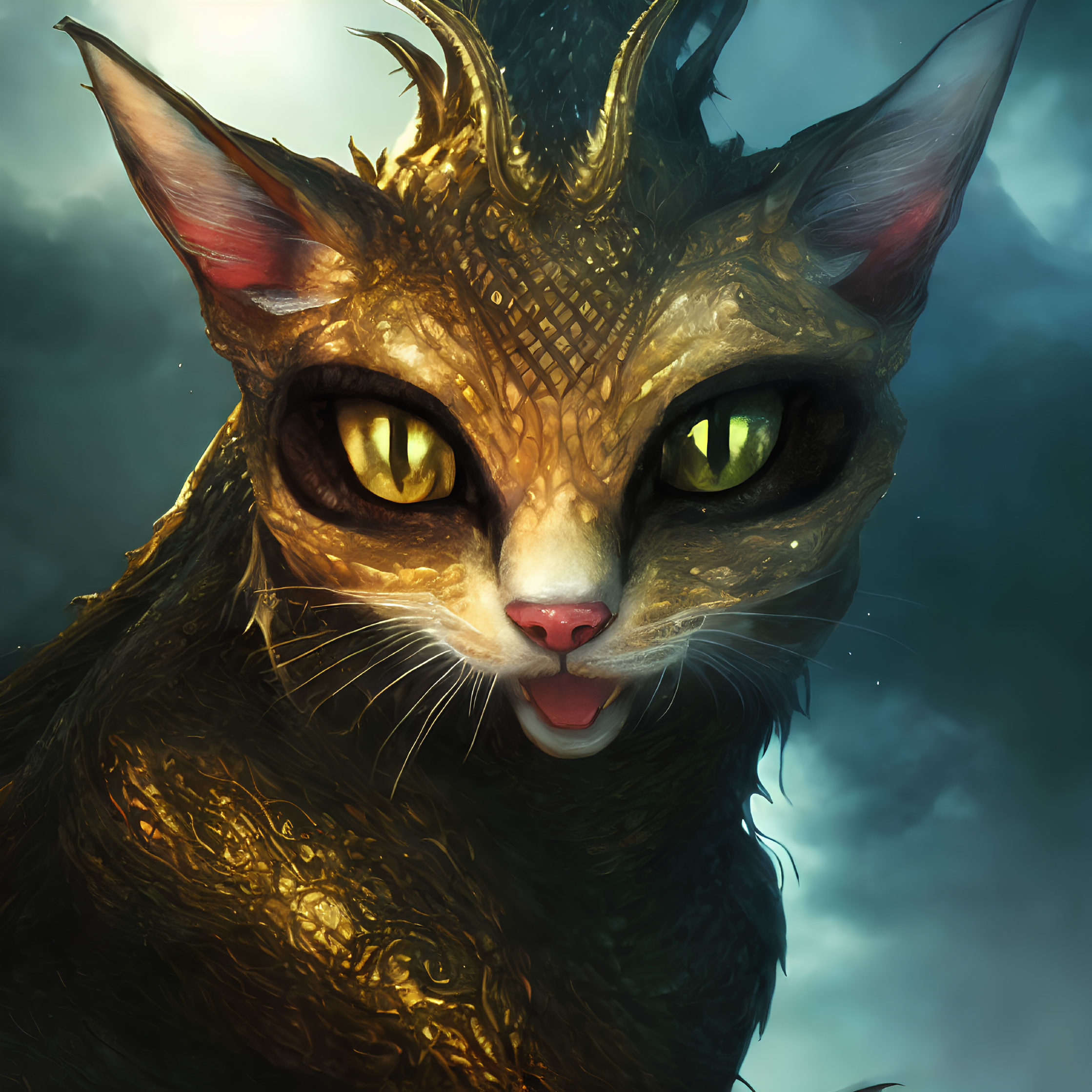 Mystical cat with luminous yellow eyes and golden patterns