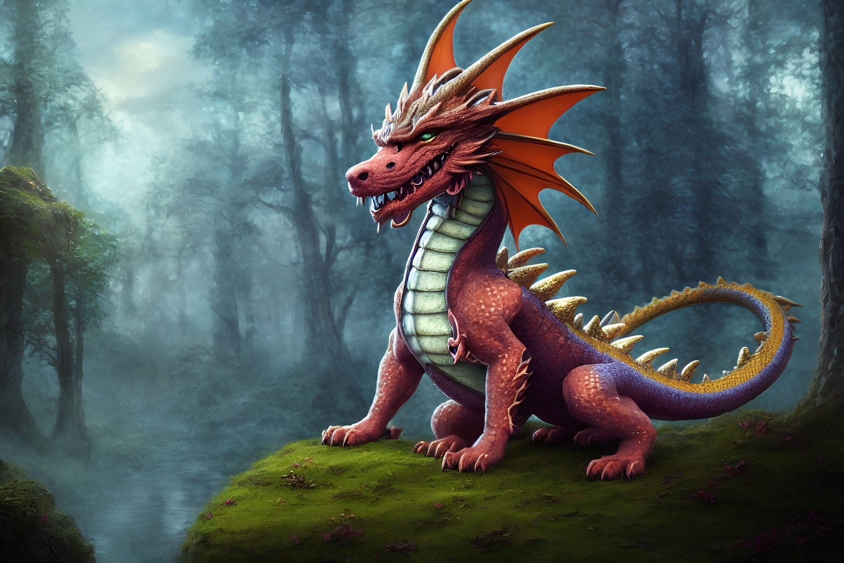 Majestic red dragon with orange spikes in mystic forest with swirling fog