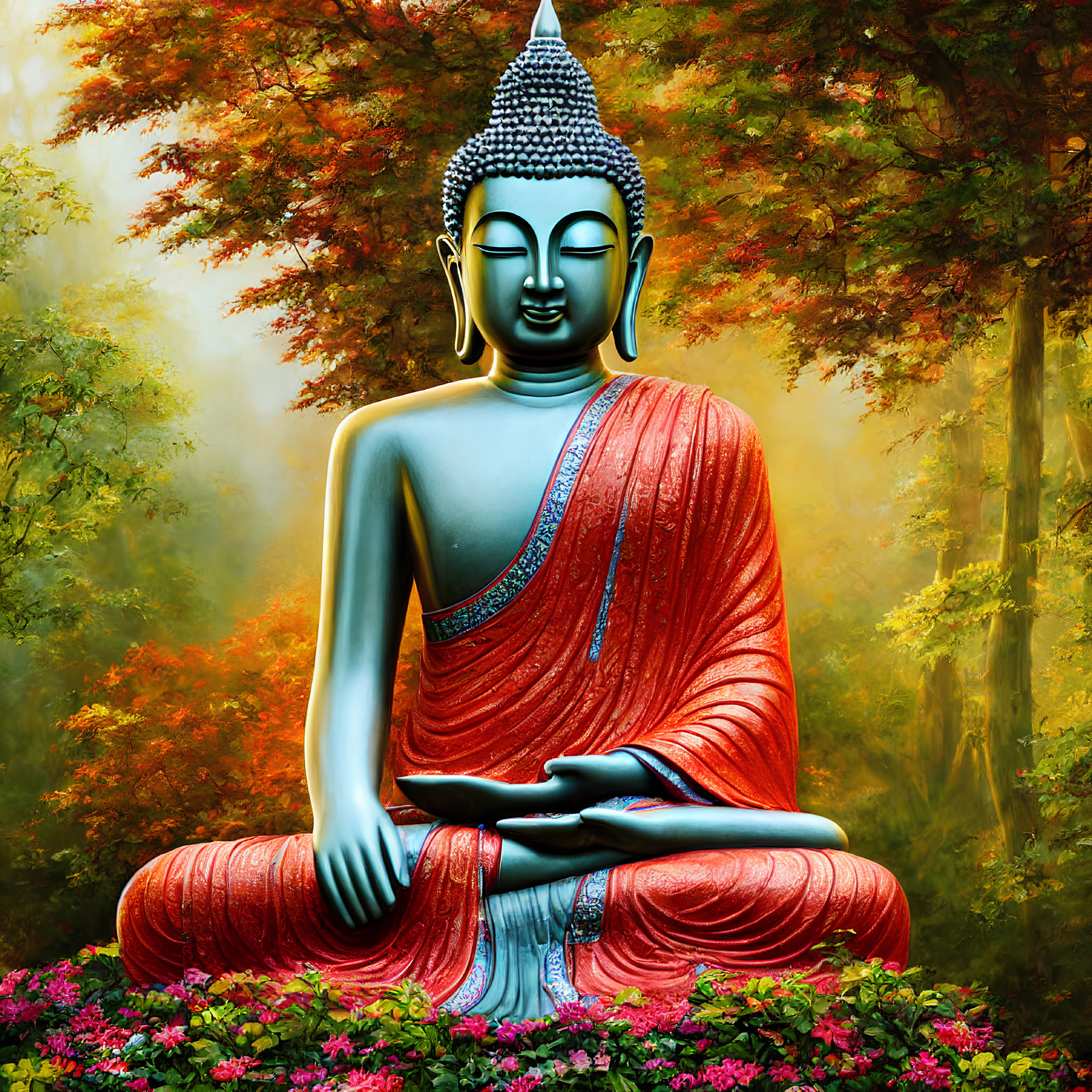 Colorful Buddha statue meditating in autumn forest landscape