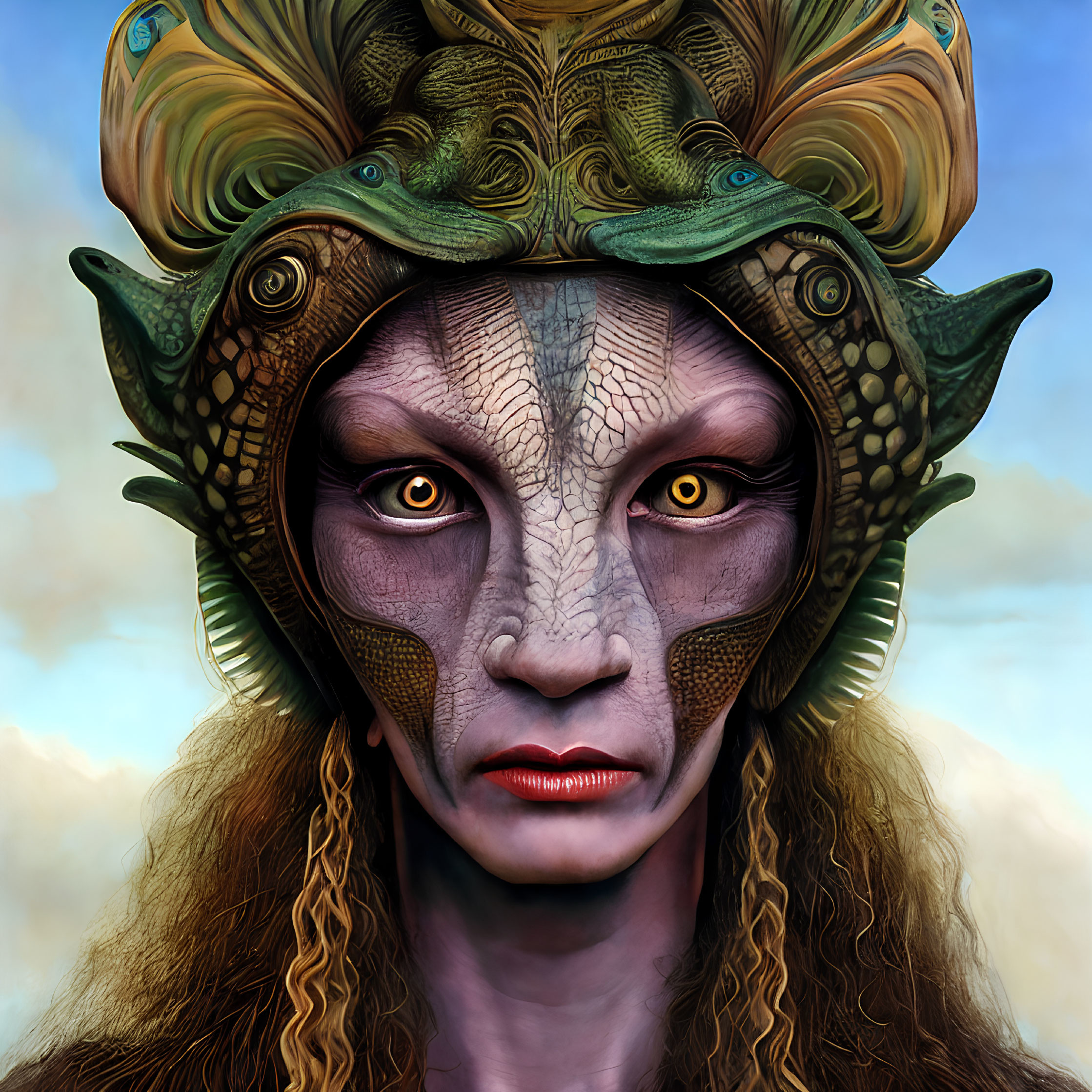 Fantastical portrait of character with scaly skin and serpent headgear