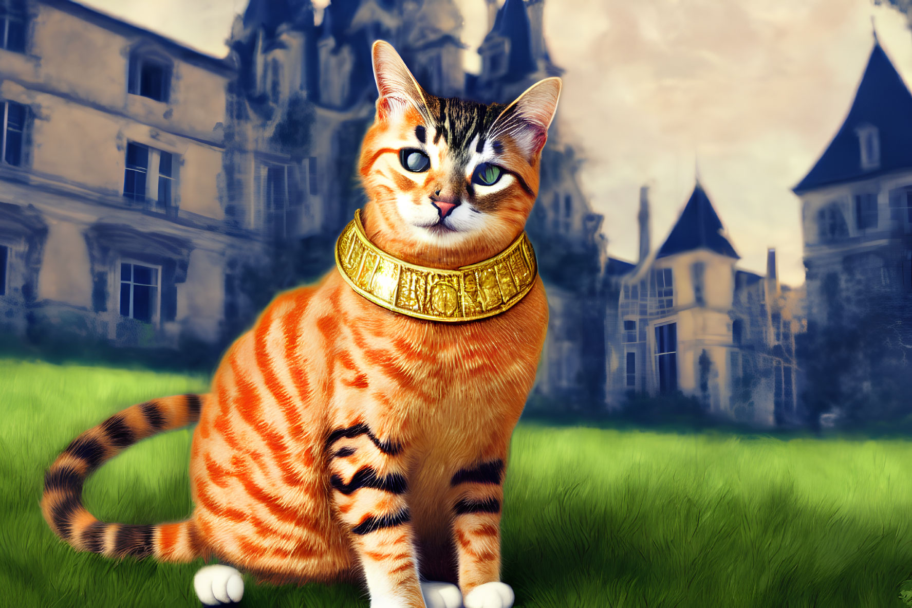 Vivid Orange Tabby Cat with Blue Eyes in Front of Gothic Castle