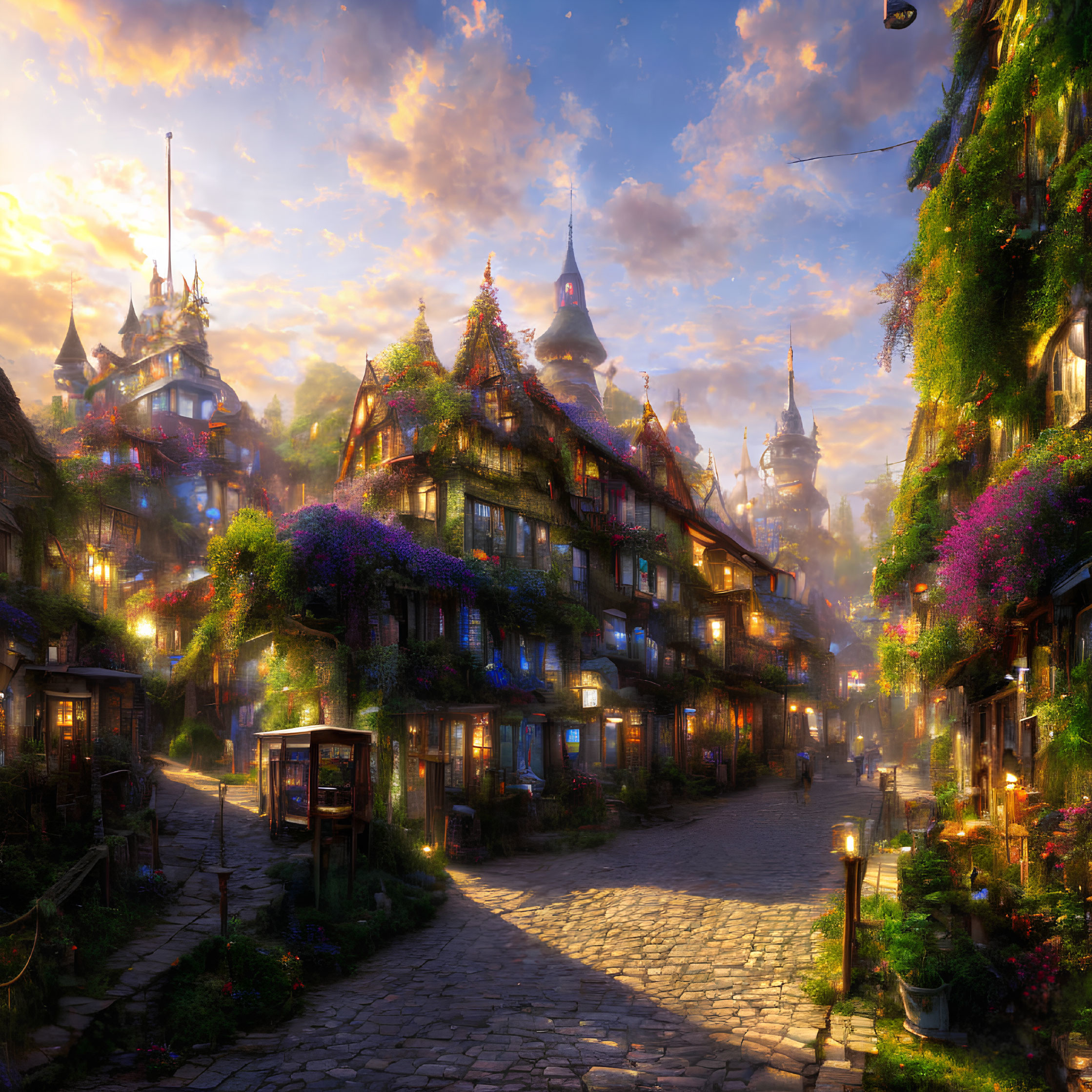 Charming cobblestone street with colorful houses and castle at sunset