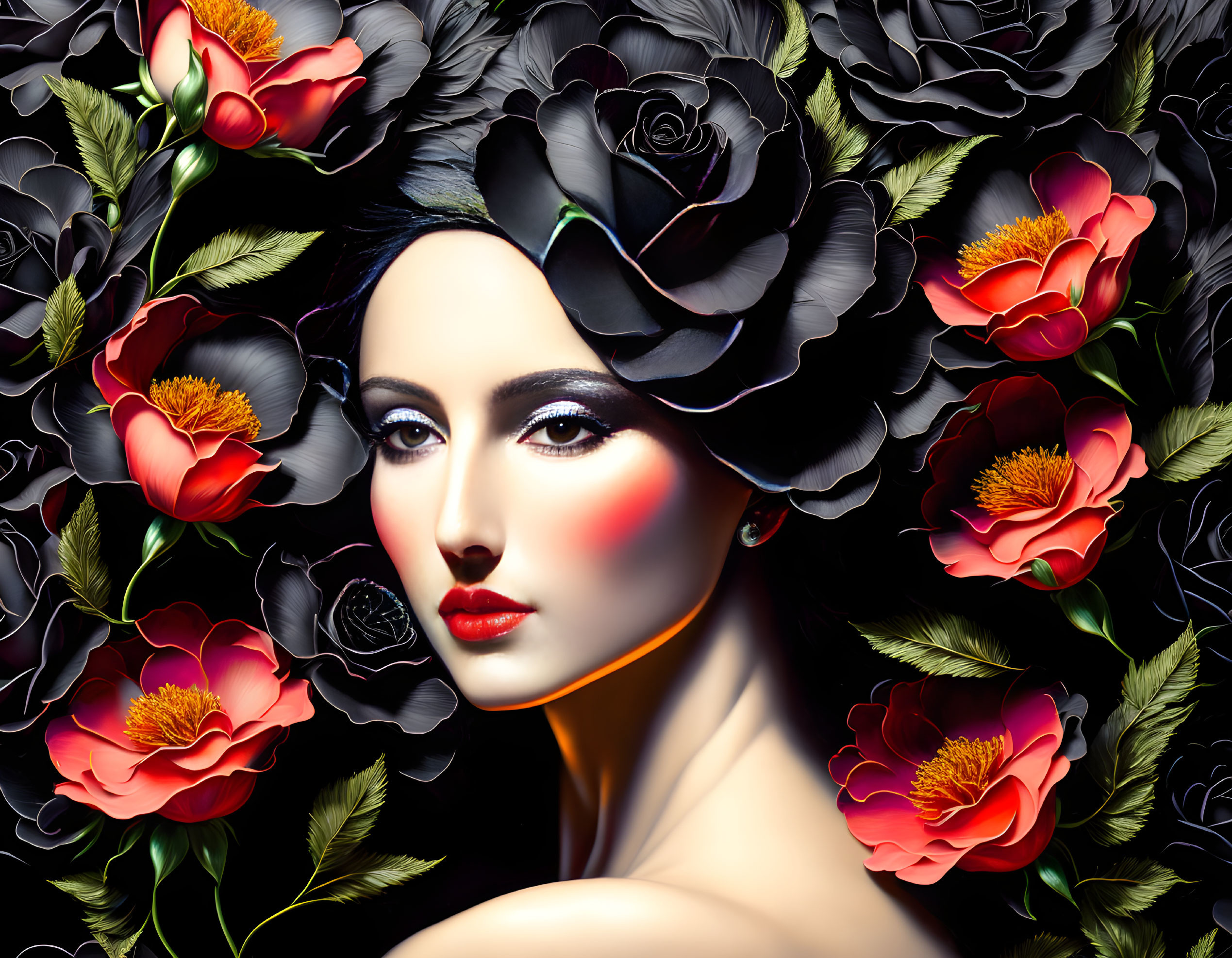 Beautiful lady surrounded by black roses