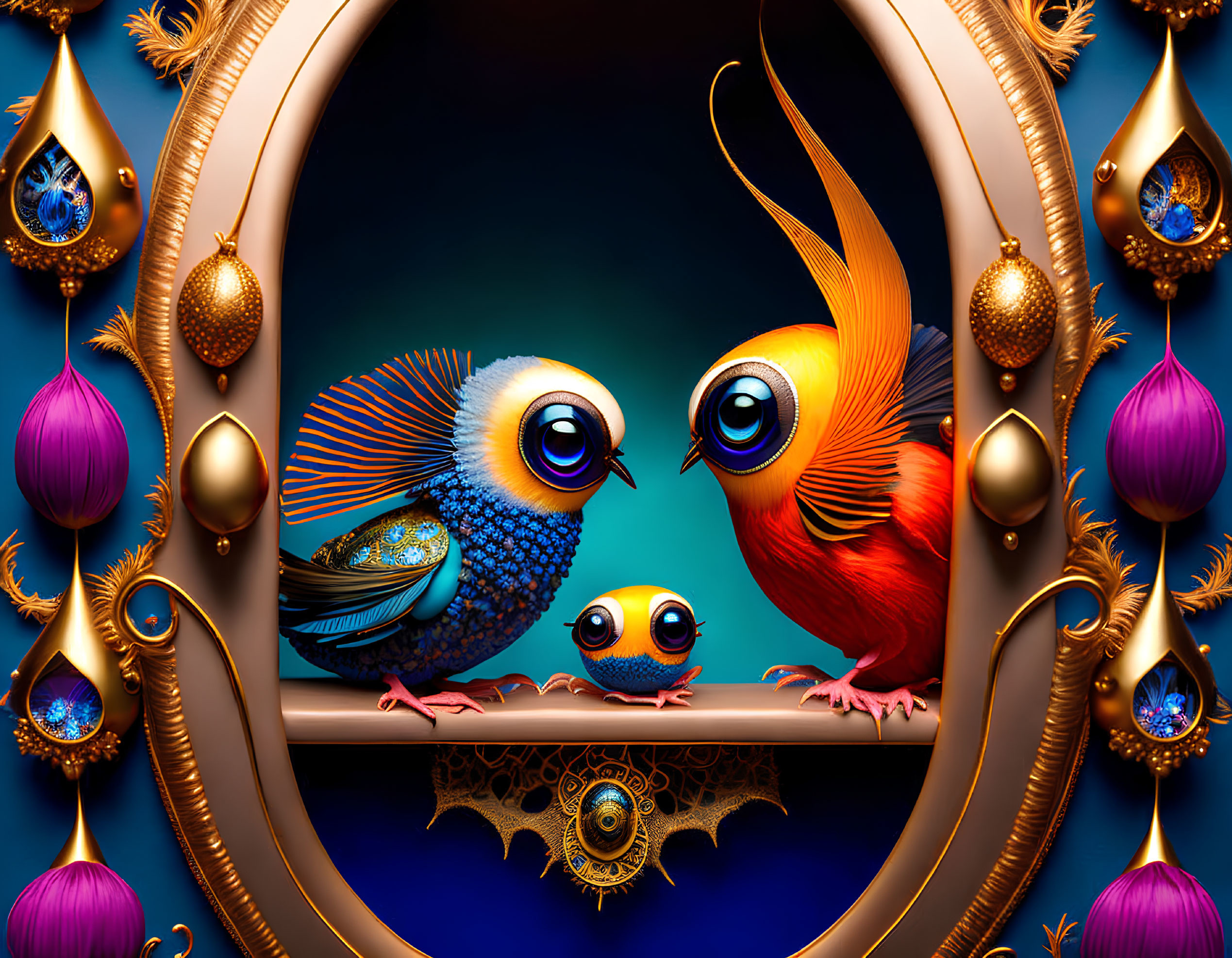 Colorful whimsical birds with oversized eyes on decorative perch, with chick and ornate golden embellishments