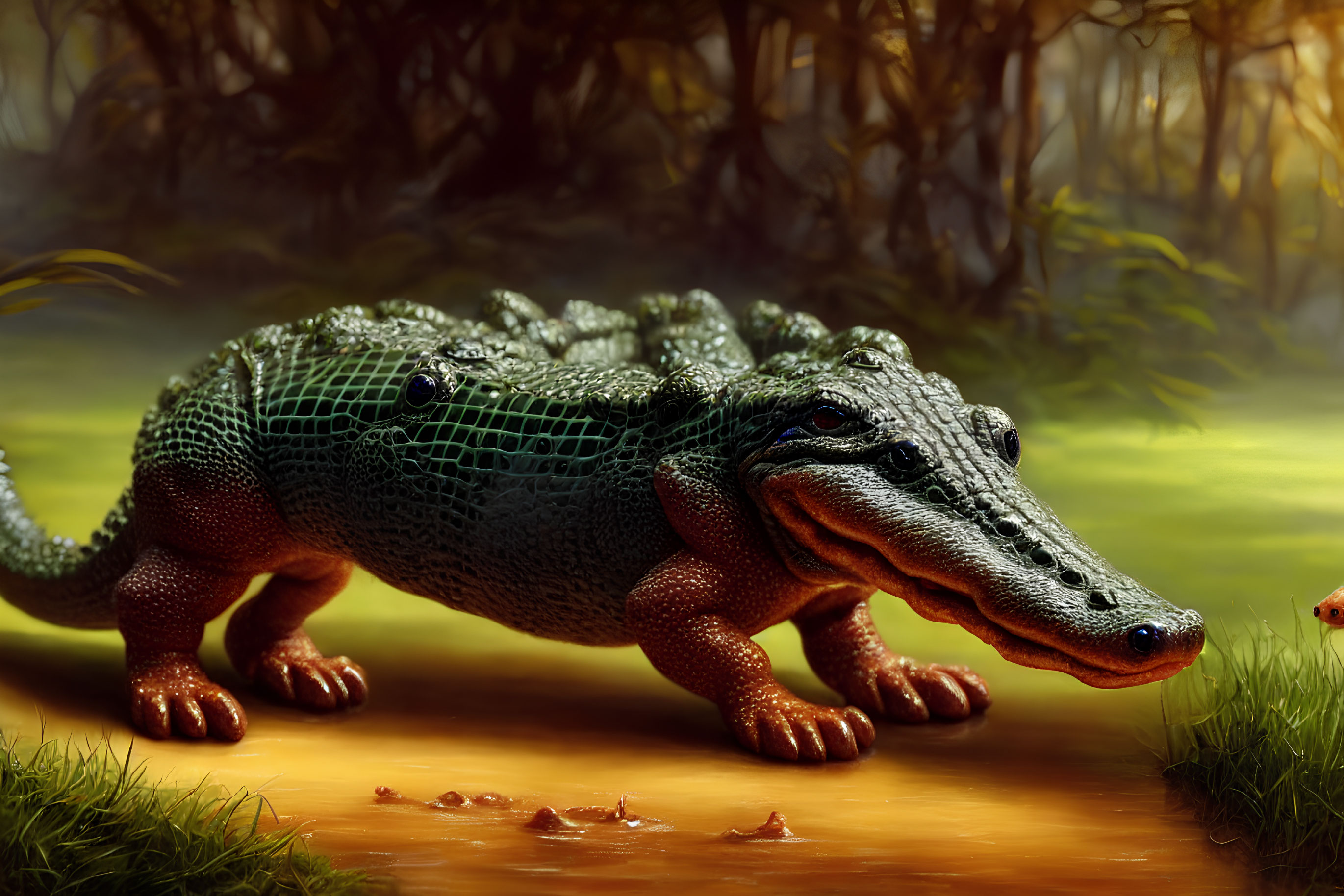 Detailed Green Alligator in Swampy Environment with Lush Vegetation