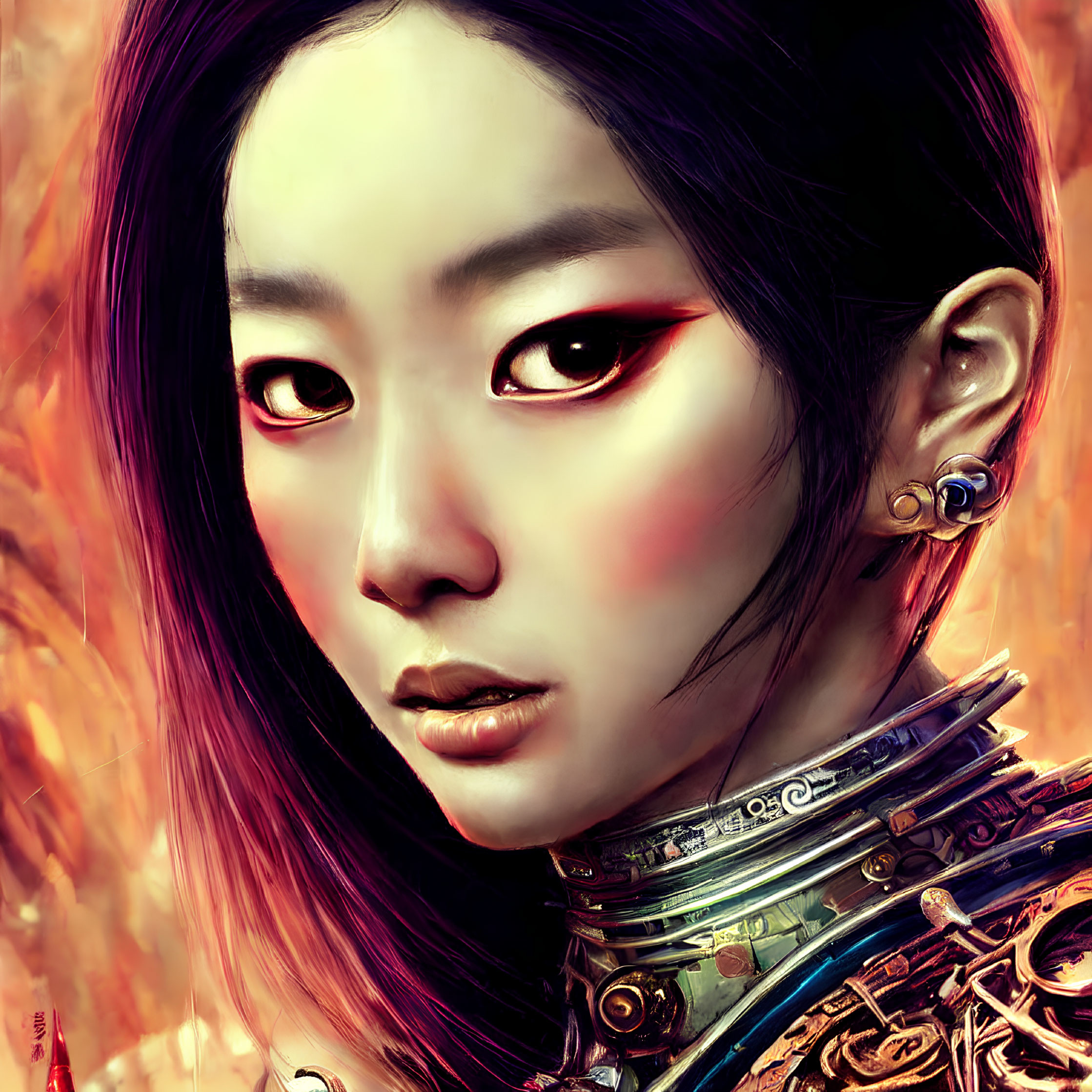 Detailed digital portrait of woman in metallic armor and red makeup against fiery backdrop