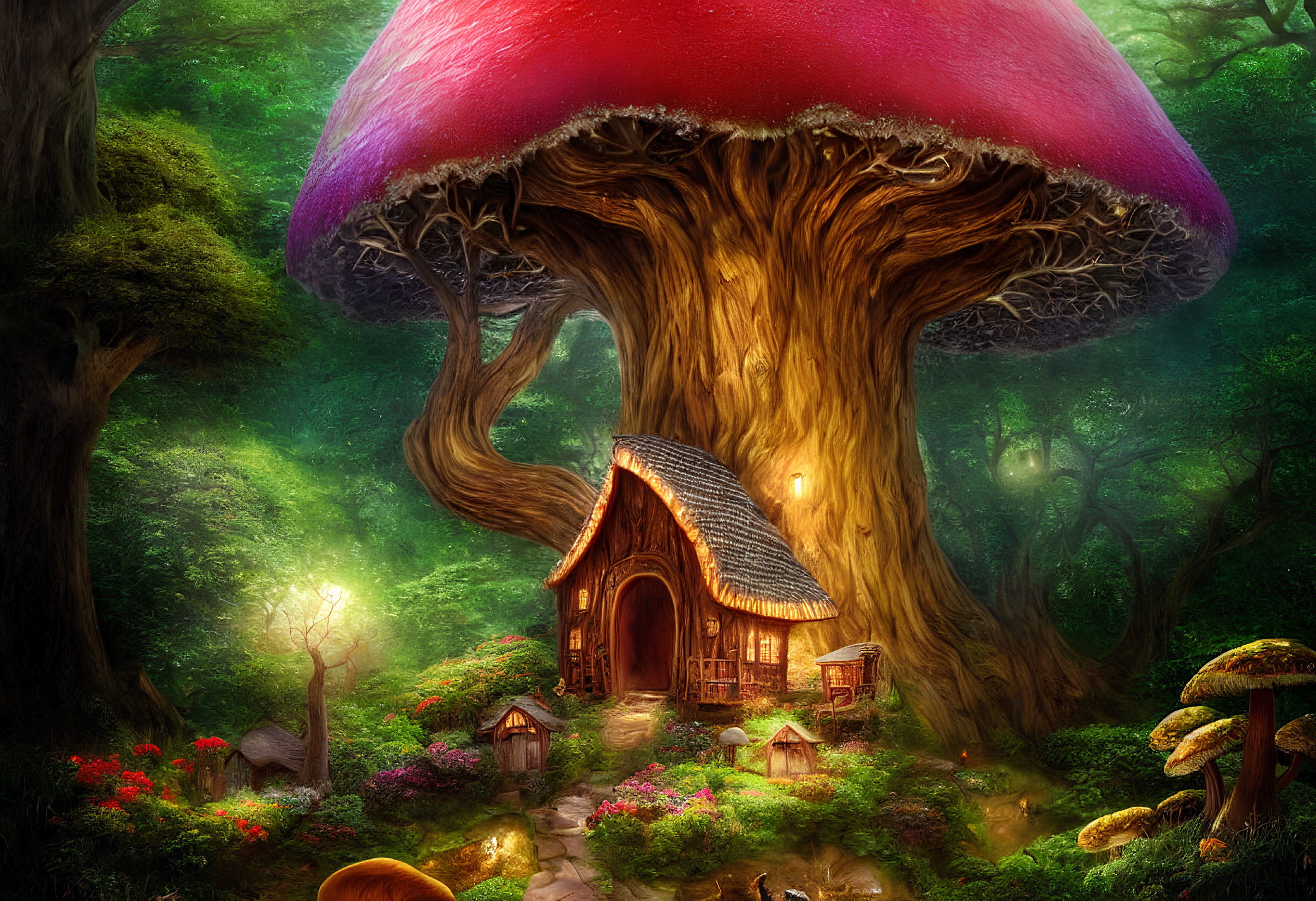 Whimsical illustration of cozy mushroom house in enchanted forest
