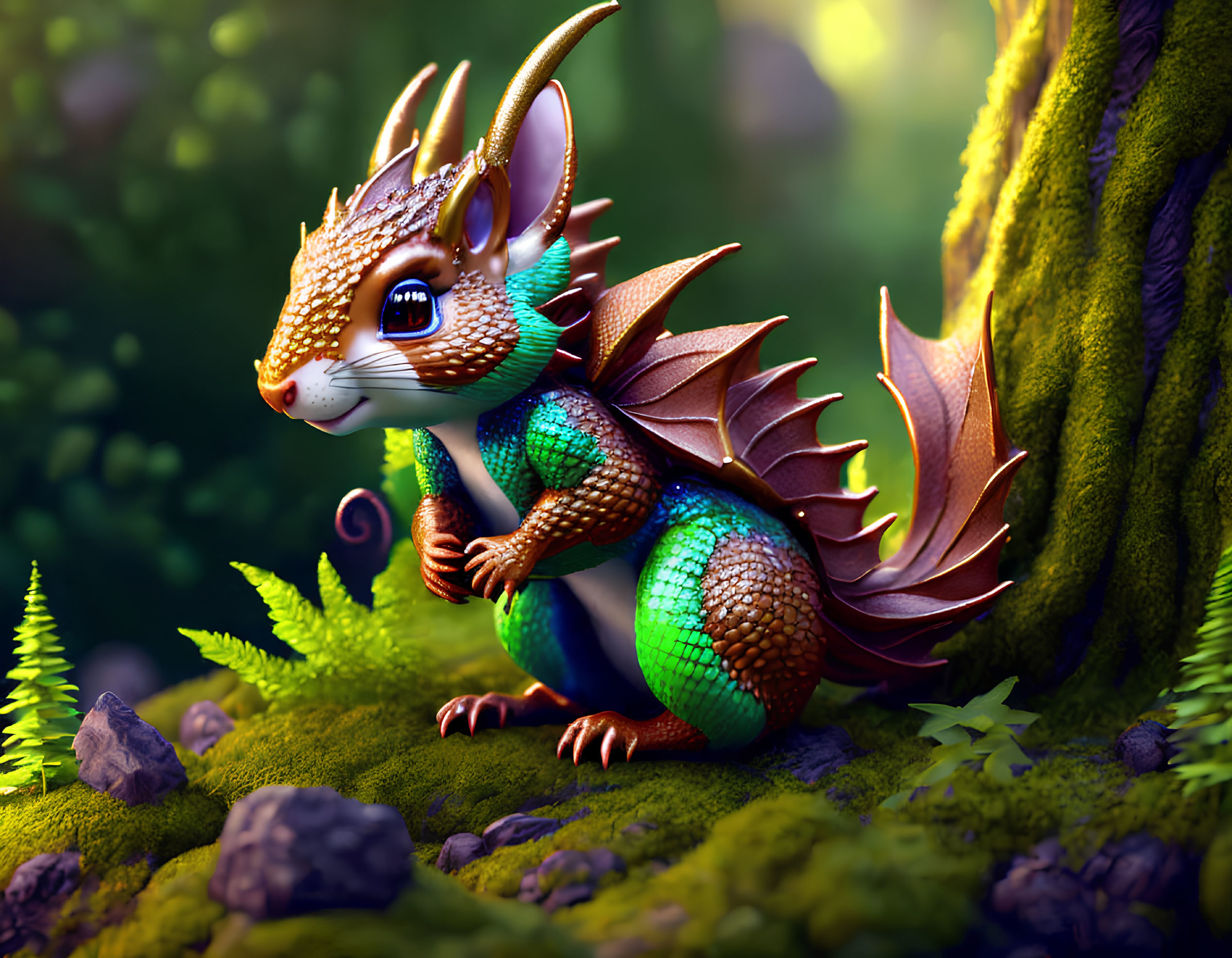 Illustration of dragon-squirrel hybrid in enchanted forest