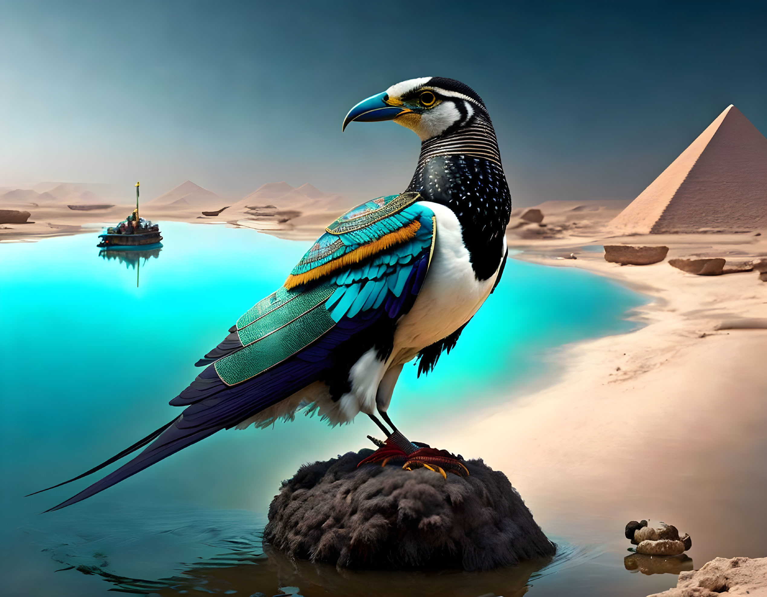 Colorful bird with toucan-like beak by oasis, pyramid, and boat in desert landscape