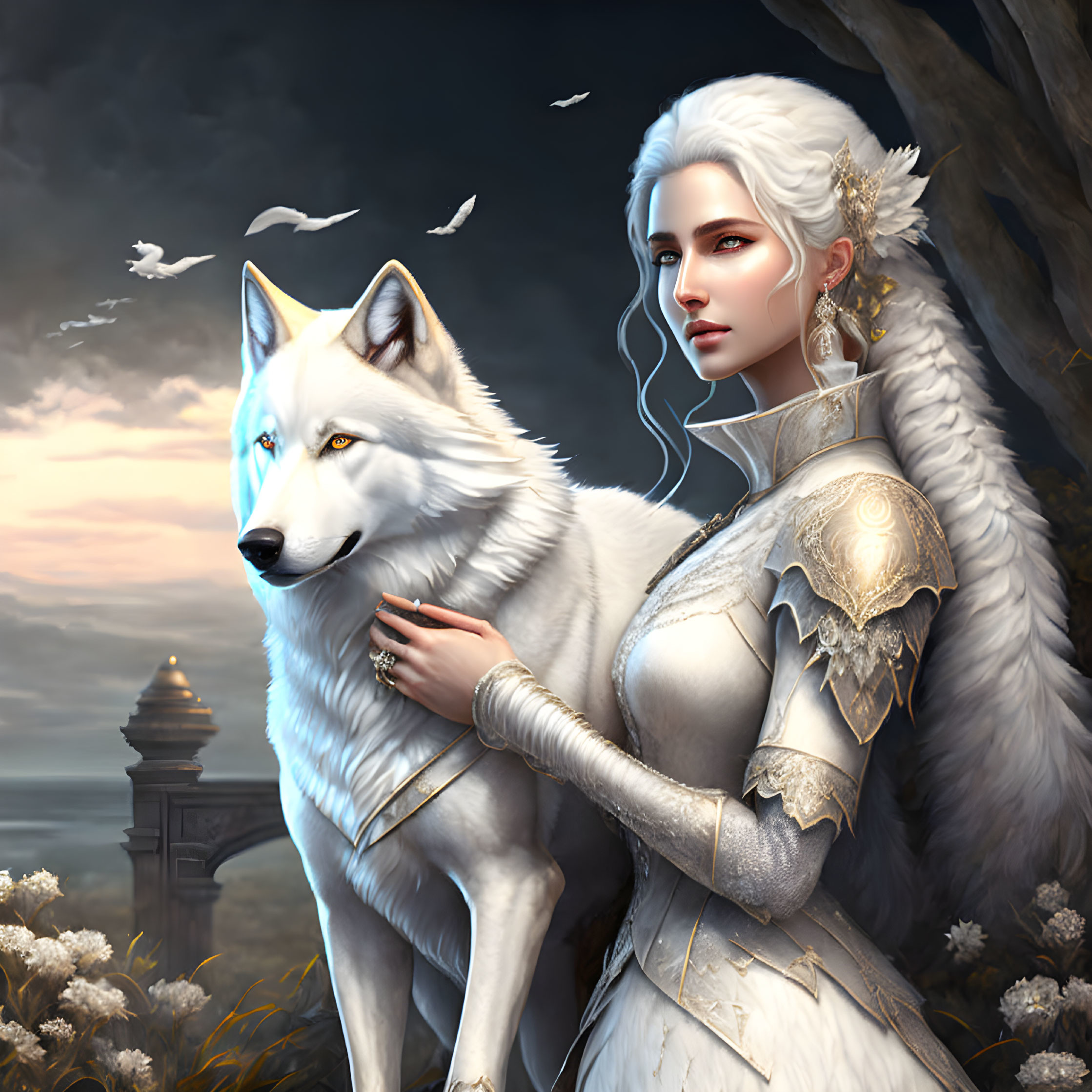 A Lady with a white wolf in her arms