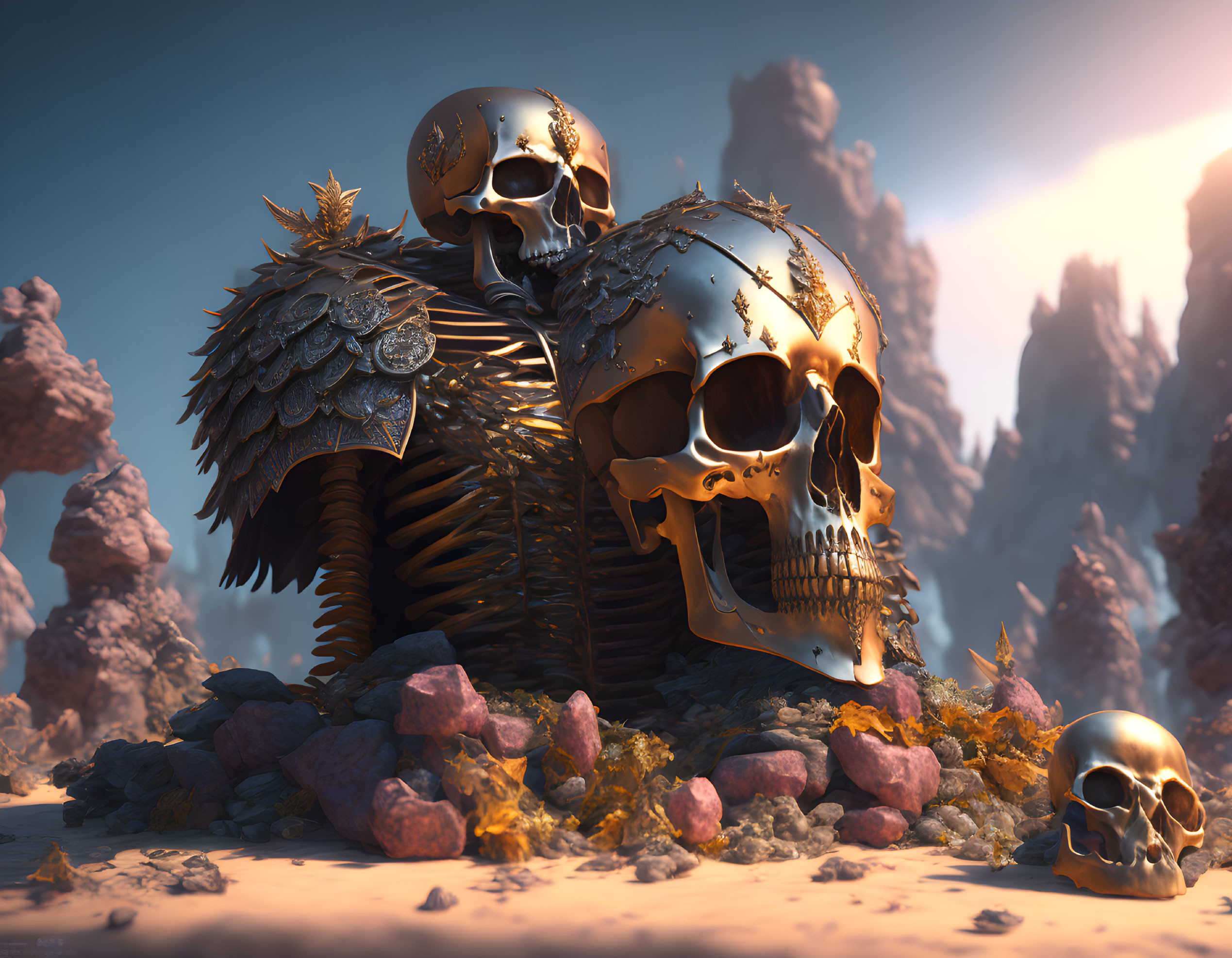 Fantastical landscape with oversized golden skulls in armor amid rocky terrain