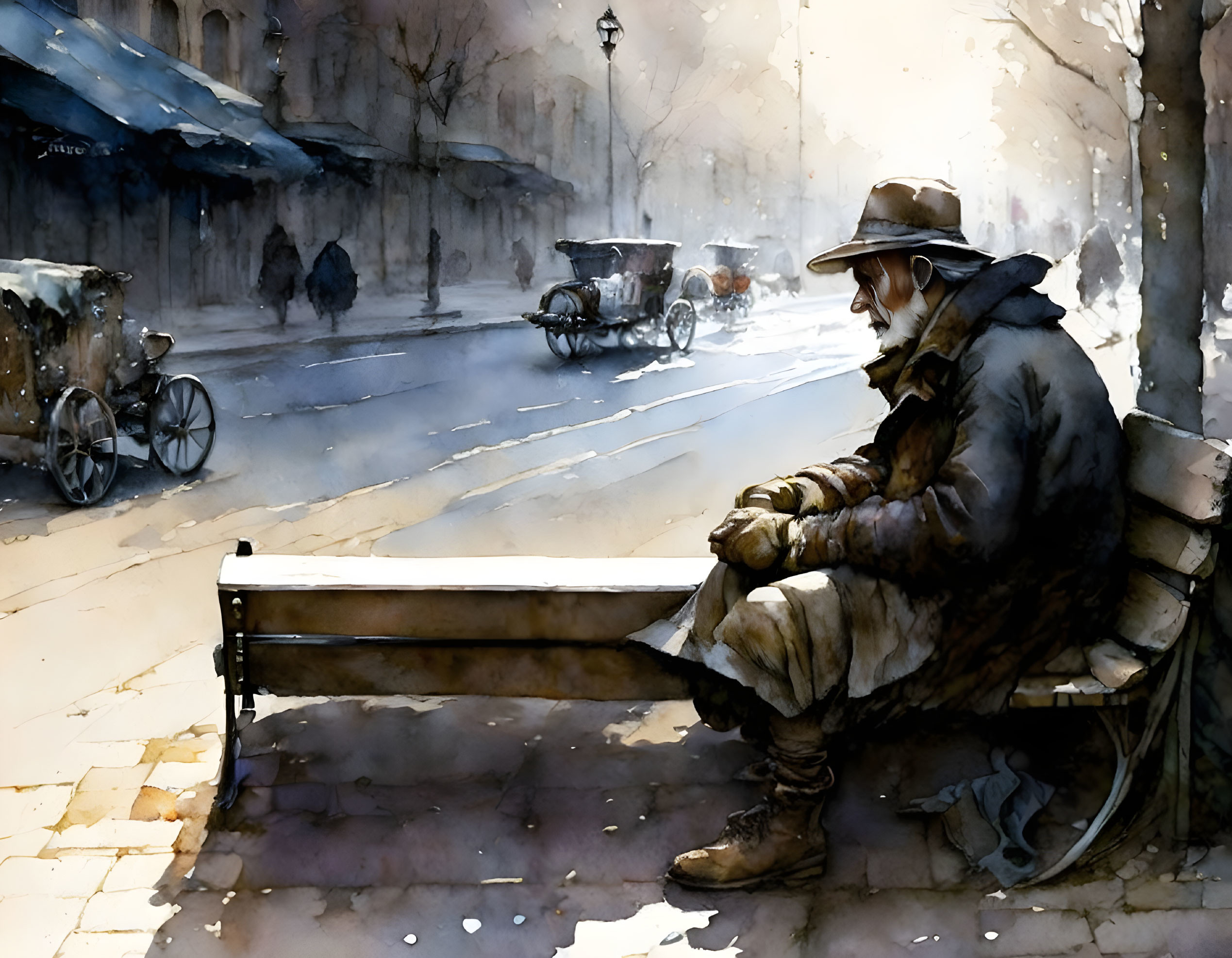 Solitary figure in hat and coat on bench in vintage street watercolor.