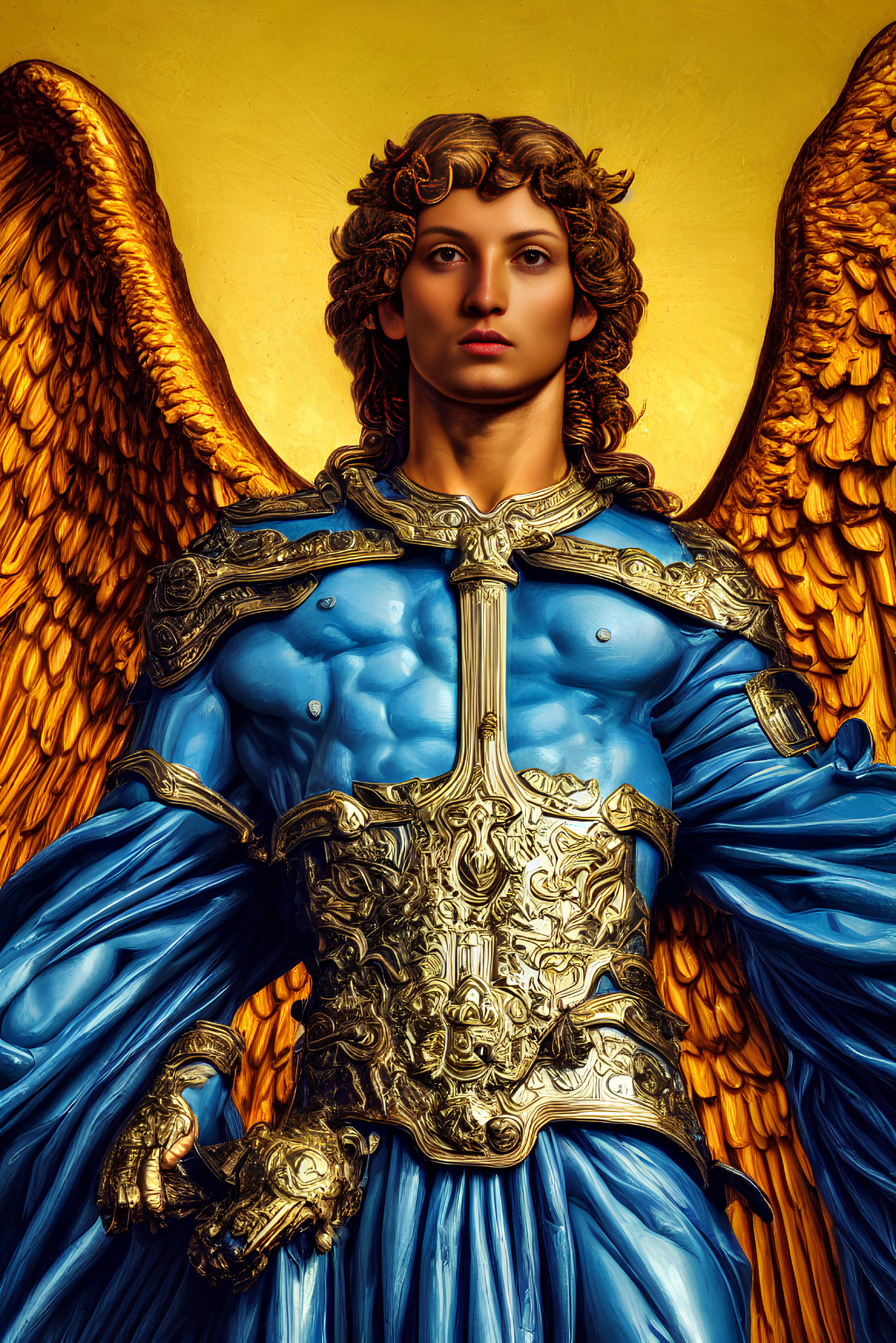 Angel in Blue Armor with Gold Accents Holding Sword on Yellow Background