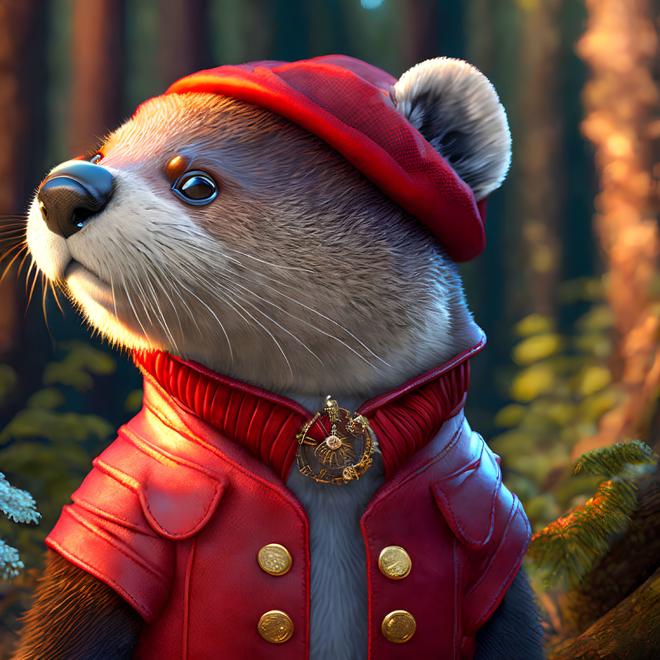 Anthropomorphic otter in red beret and leather jacket against forest backdrop