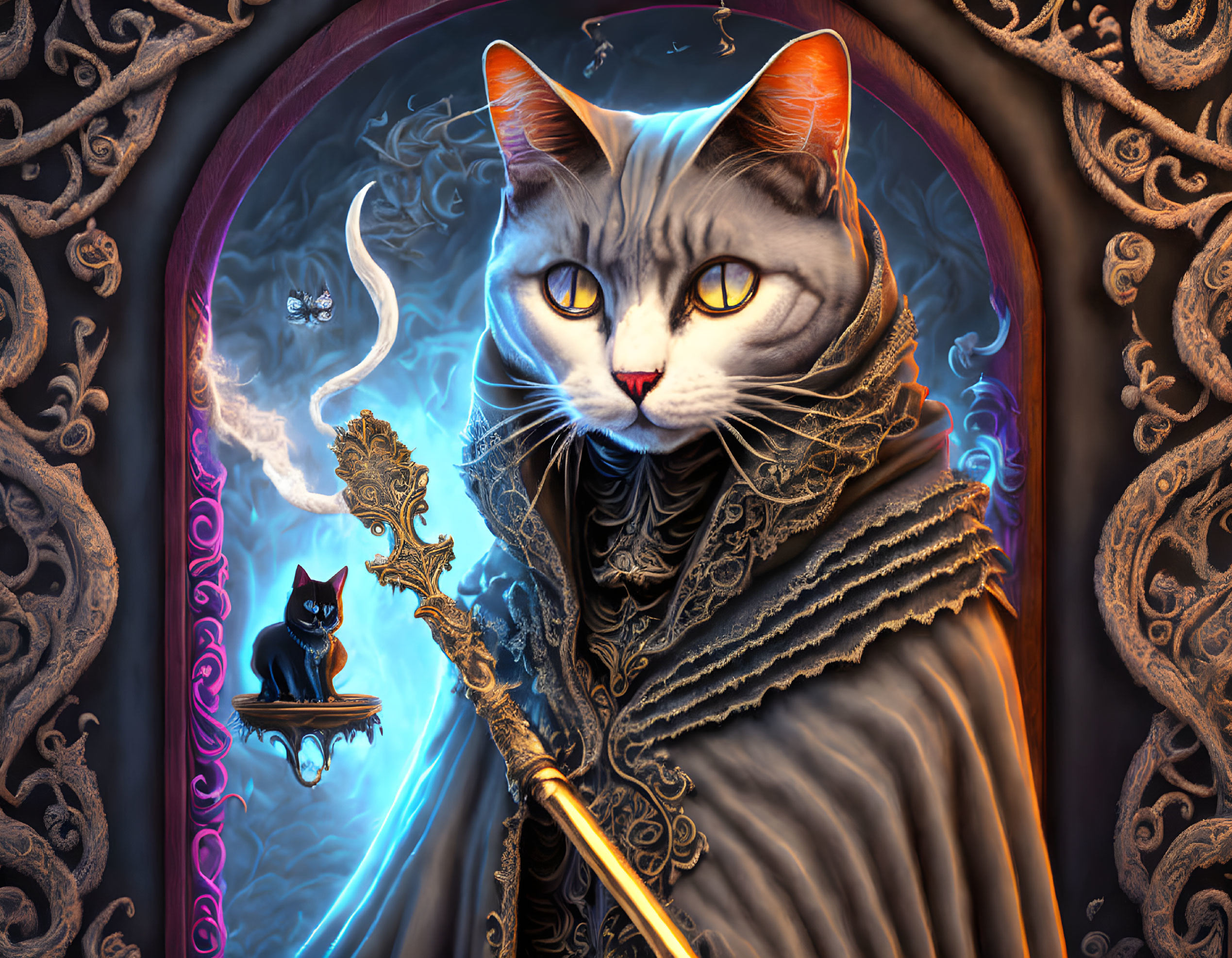 Fantasy artwork of majestic cat in regal cloak with mystical backdrop